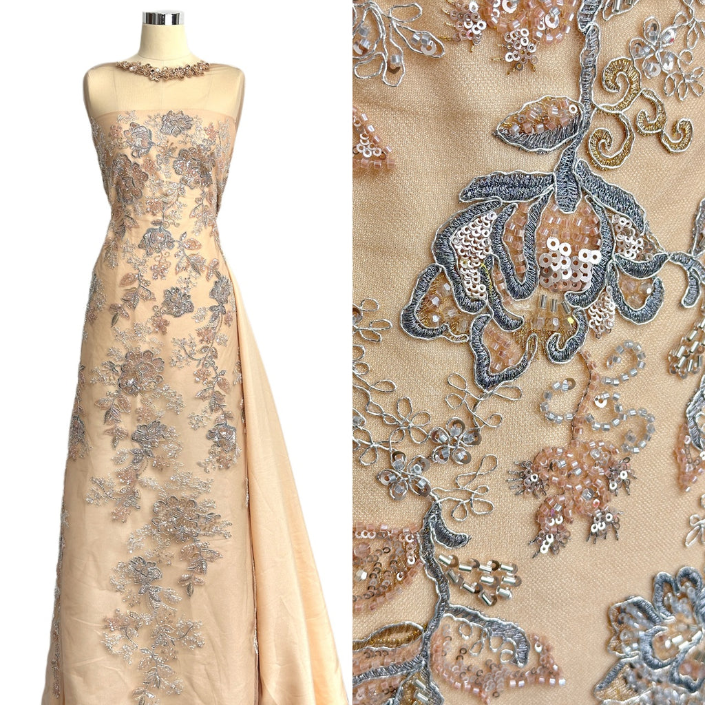 Beaded Sequined Floral Embroidered Lace Fabric for Bridal Gowns Wedding Dress Decoration BLS6559#