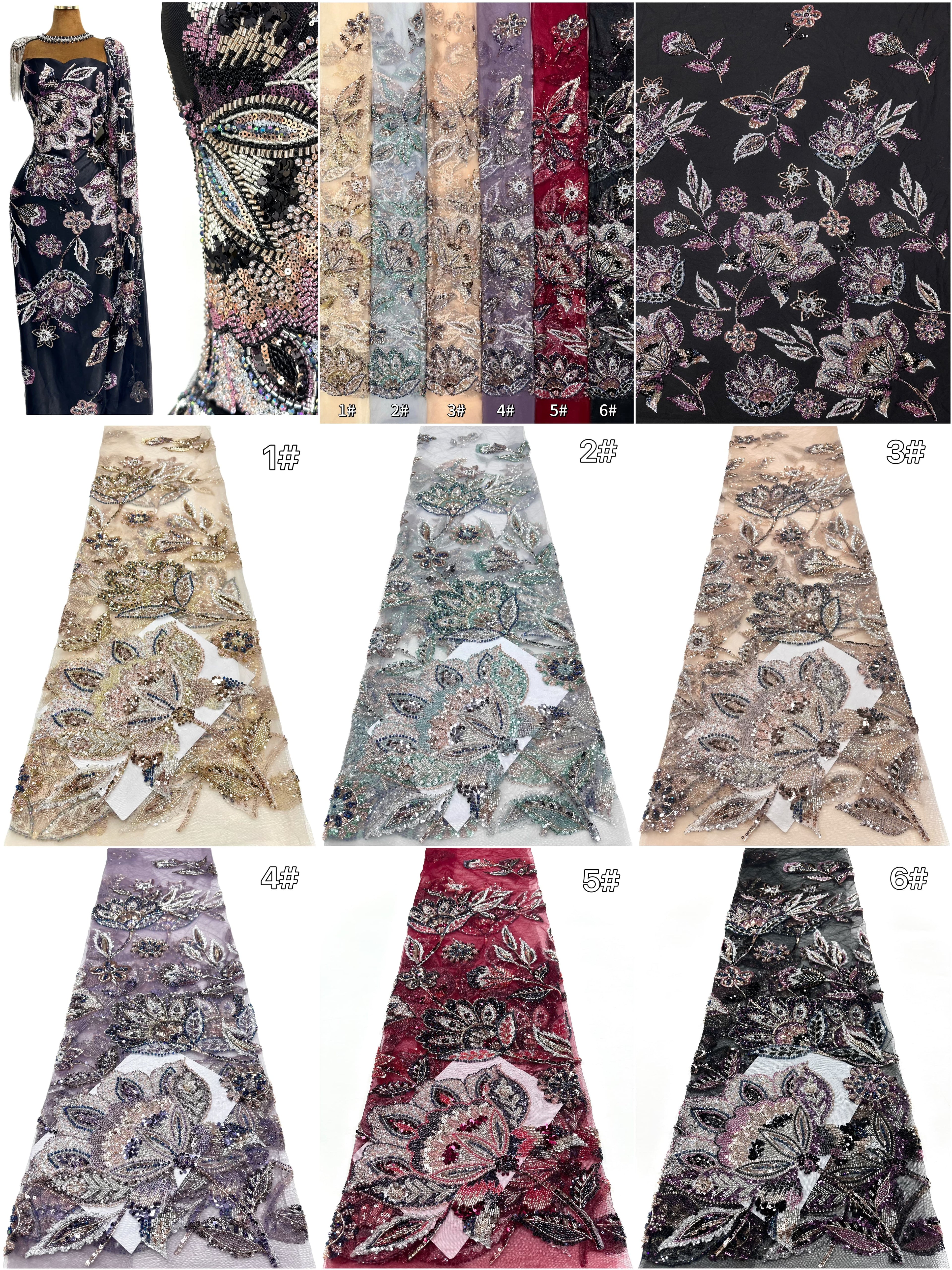 Sequined and Beaded Botanical Embroidered Lace Fabric for Wedding Dresses Evening Gowns BLS6560#