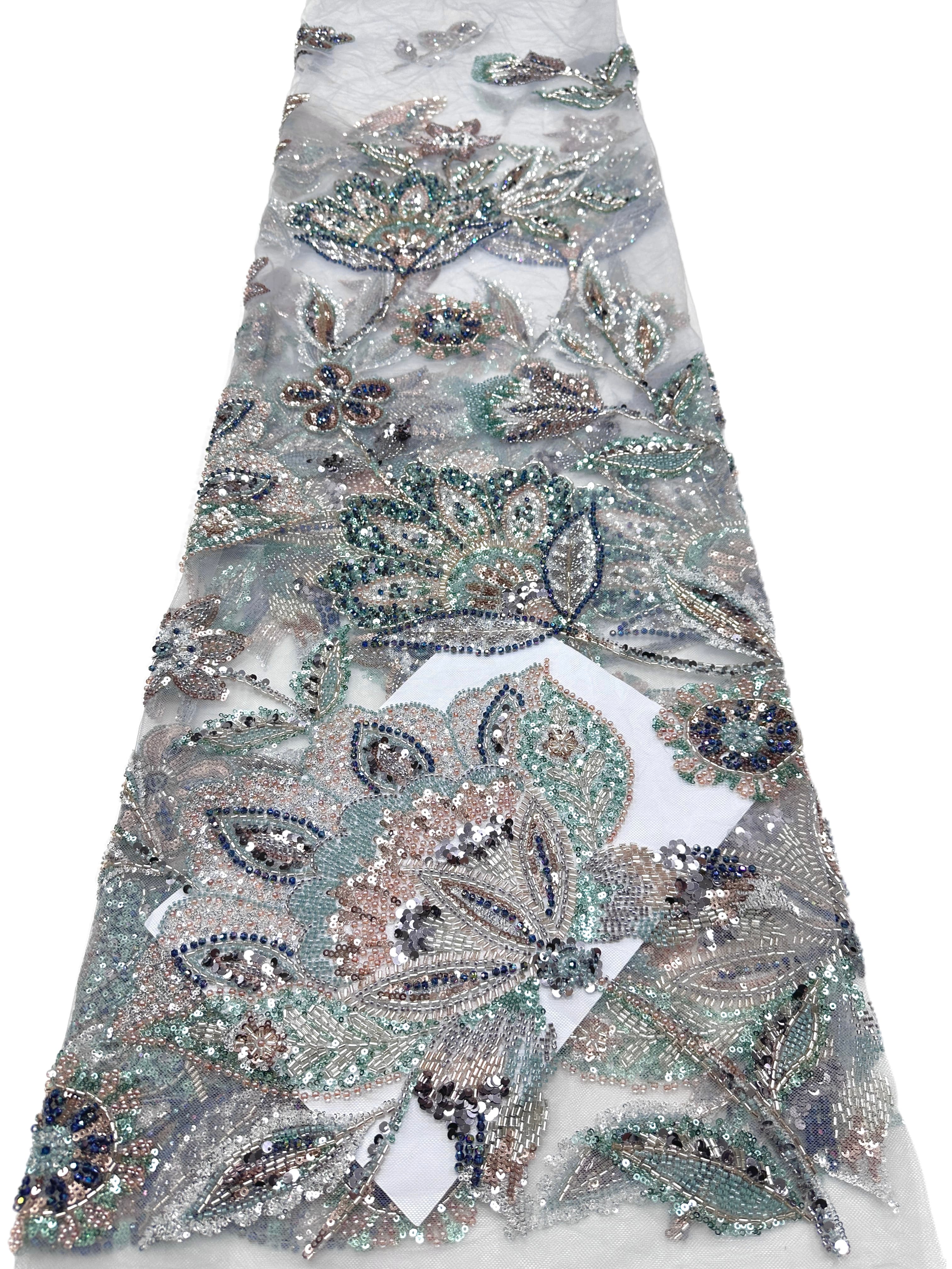 Sequined and Beaded Botanical Embroidered Lace Fabric for Wedding Dresses Evening Gowns BLS6560#