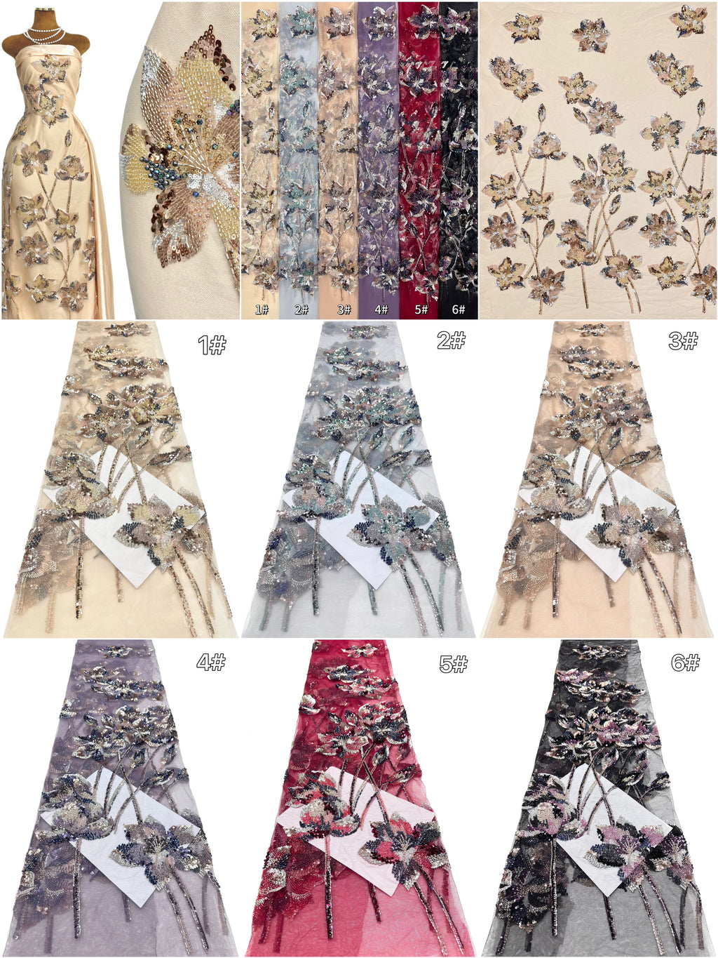 Sequined and Beaded Floral Embroidered Lace Fabric Leaf Vine Lace for Wedding Dresses Evening Gowns BLS6561#