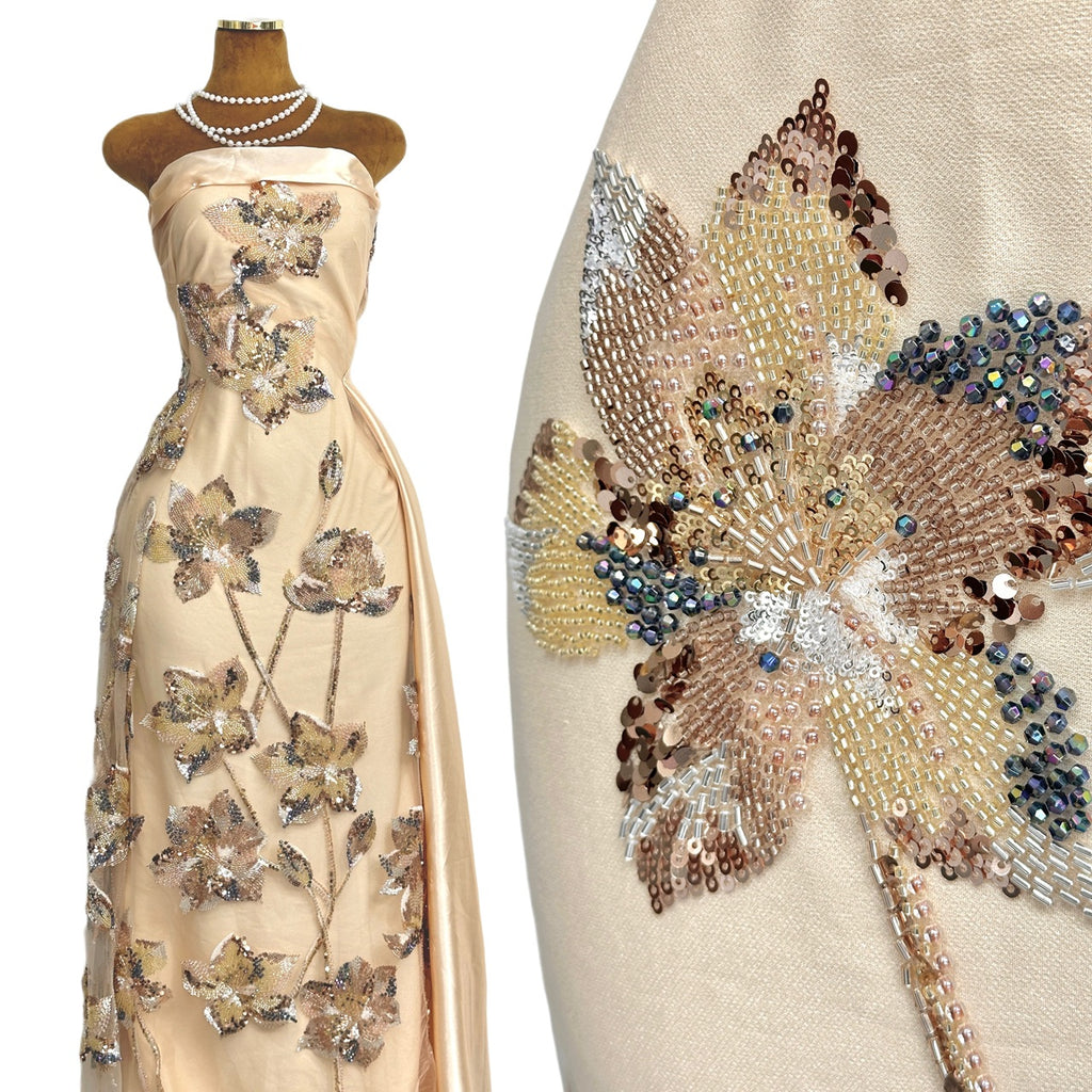 Sequined and Beaded Floral Embroidered Lace Fabric Leaf Vine Lace for Wedding Dresses Evening Gowns BLS6561#