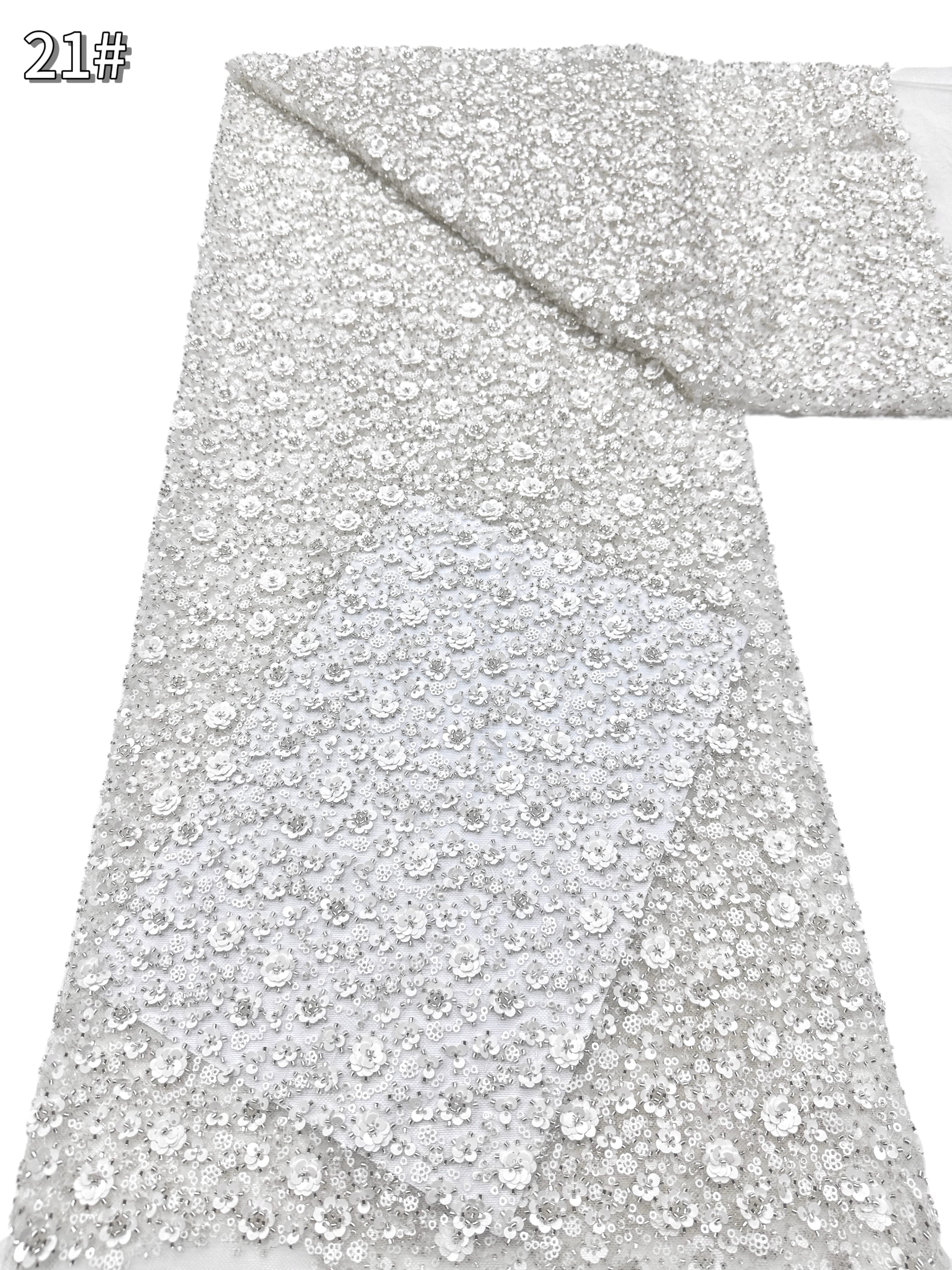 BLS6565#	Heavy Beaded Sequined Small Floral Lace Fabric Embroidered Tulle Lace for Wedding Dresses Bridal Gowns Evening Gowns