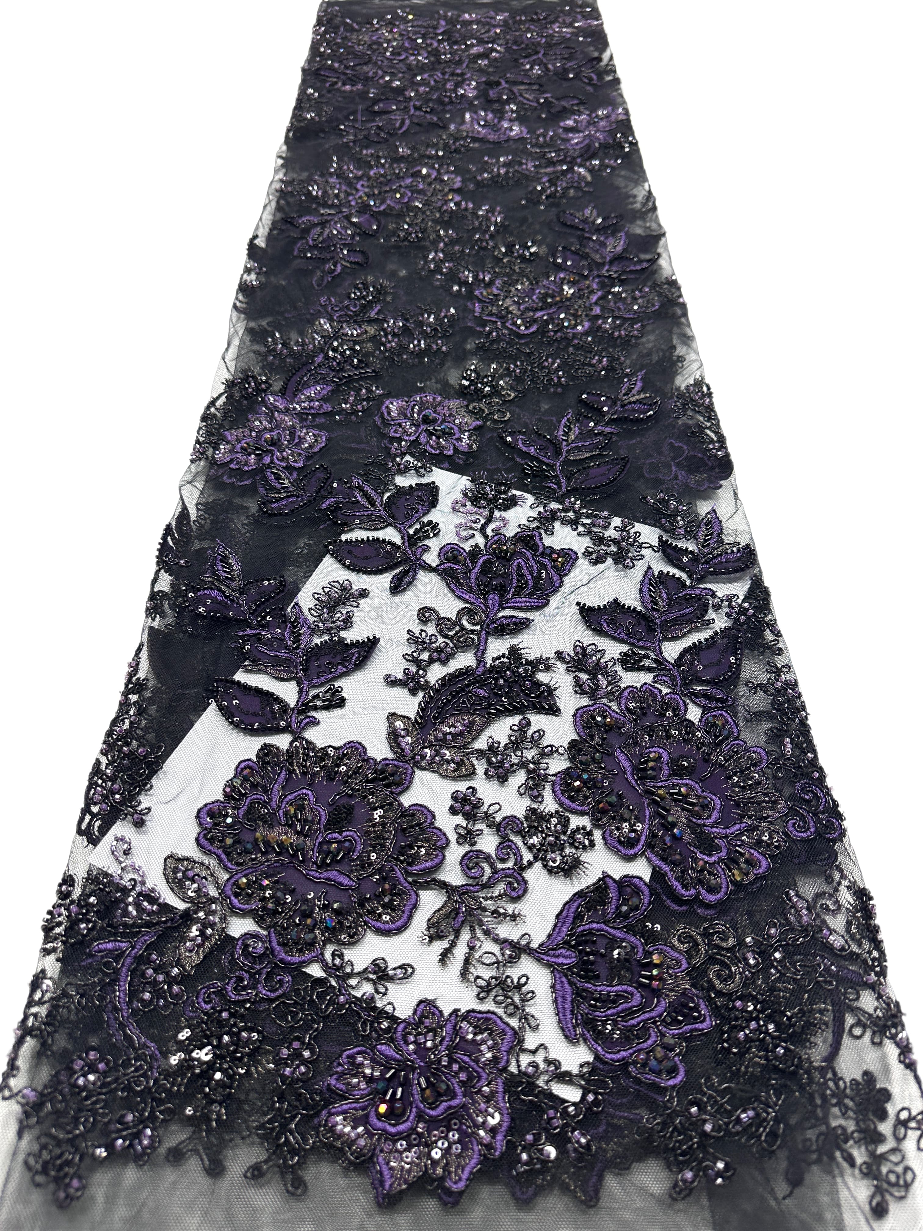 BLS6568#	Large Floral Beaded Embroidered Tulle Lace Fabric with Leaf Vine for Wedding Dresses and Evening Gowns