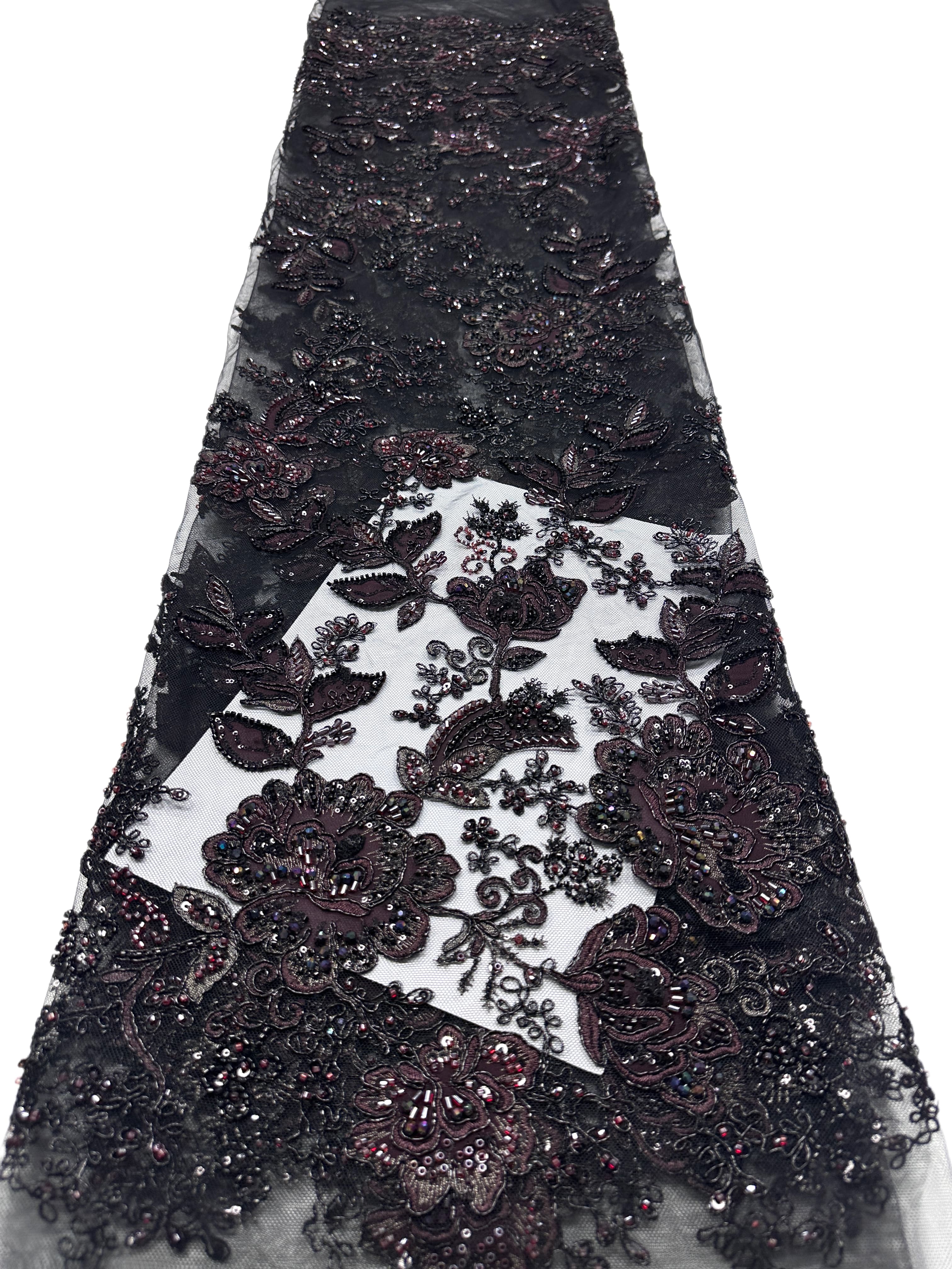 BLS6568#	Large Floral Beaded Embroidered Tulle Lace Fabric with Leaf Vine for Wedding Dresses and Evening Gowns