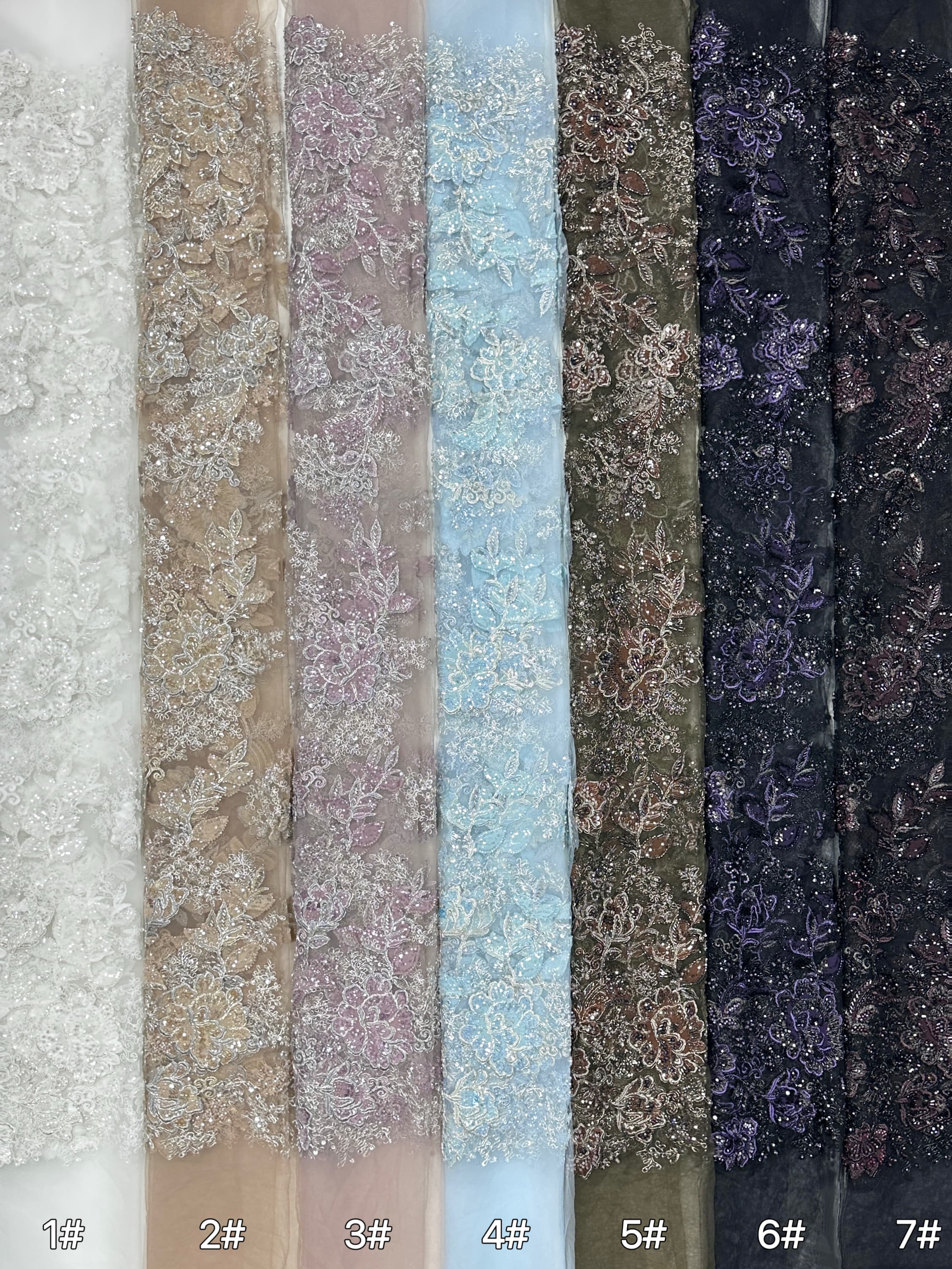 BLS6568#	Large Floral Beaded Embroidered Tulle Lace Fabric with Leaf Vine for Wedding Dresses and Evening Gowns