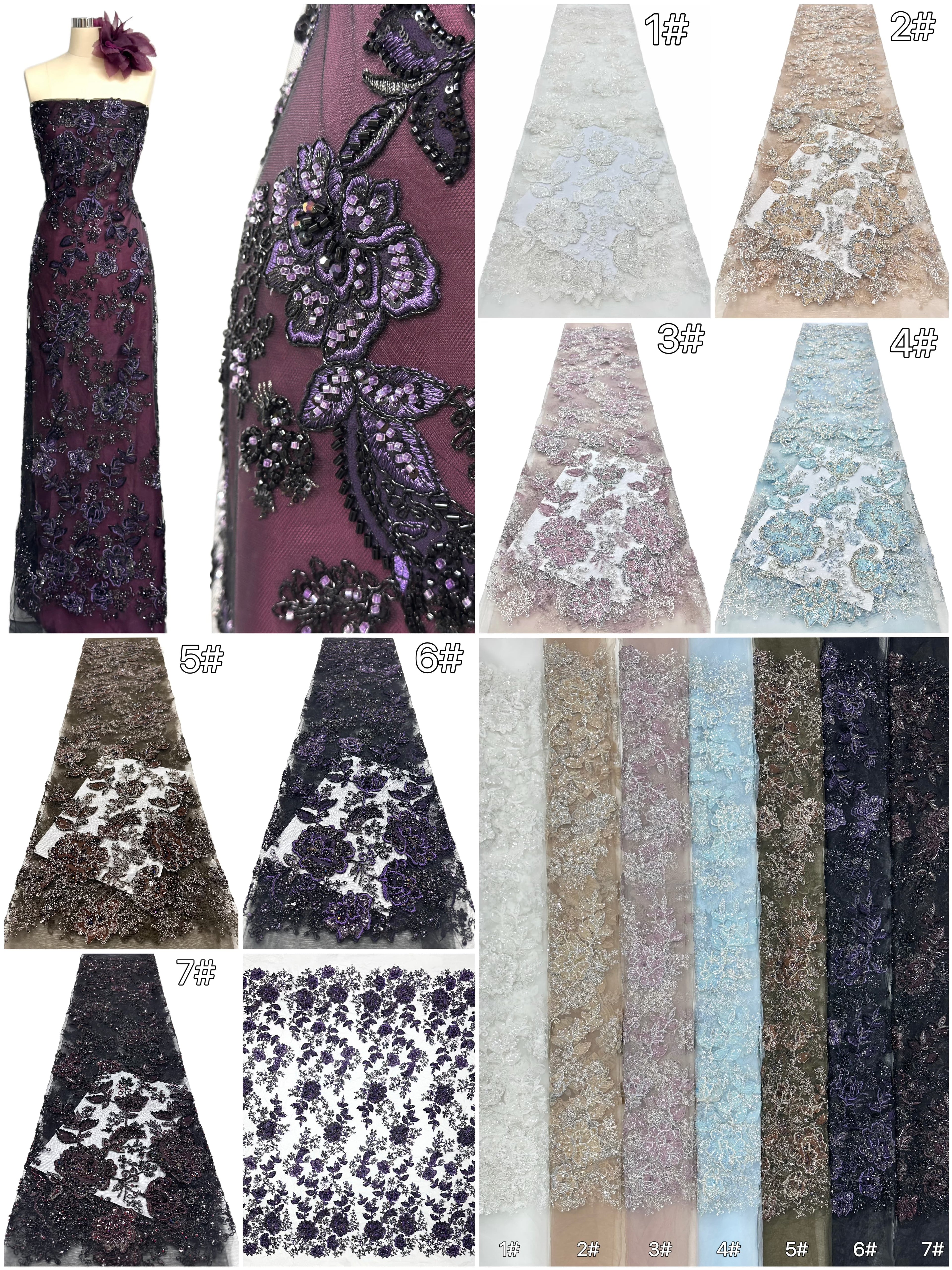 BLS6568#	Large Floral Beaded Embroidered Tulle Lace Fabric with Leaf Vine for Wedding Dresses and Evening Gowns