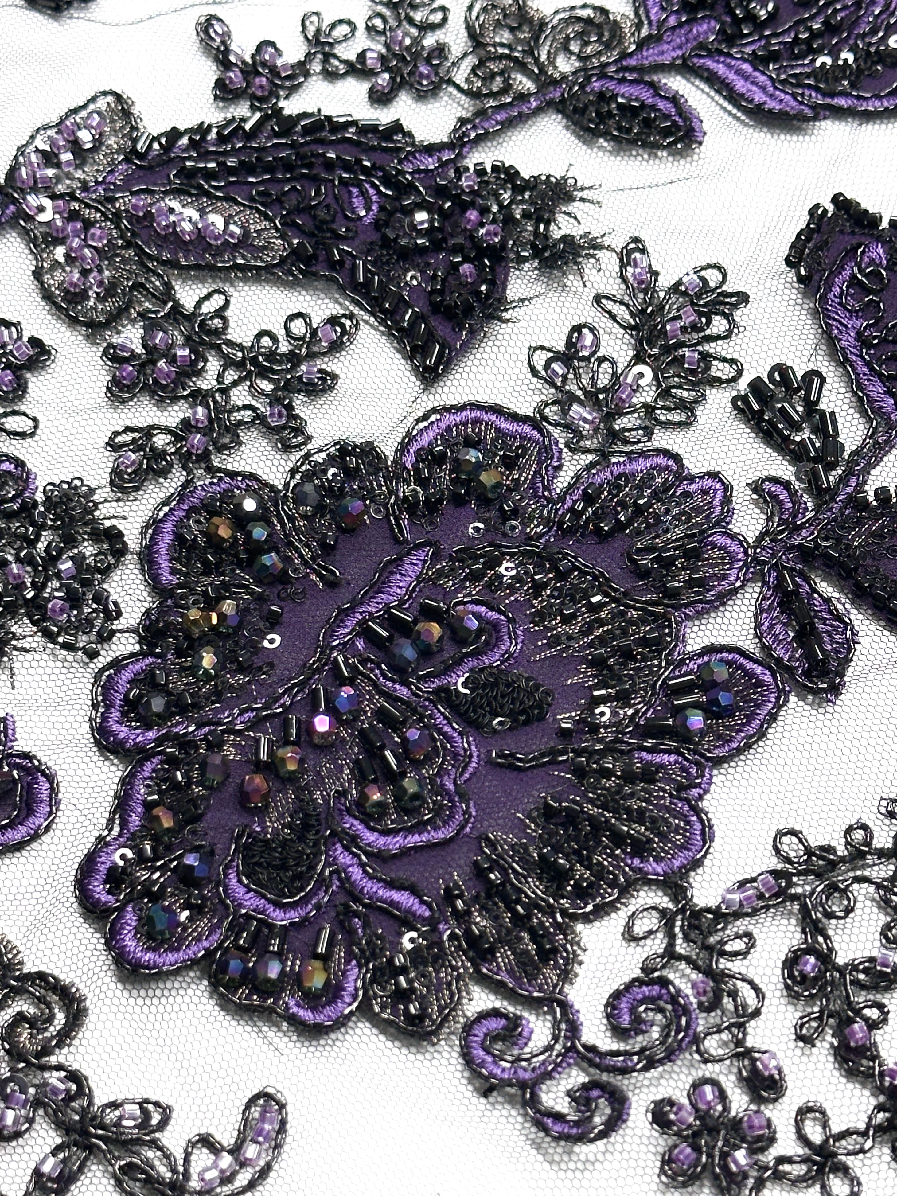 BLS6568#	Large Floral Beaded Embroidered Tulle Lace Fabric with Leaf Vine for Wedding Dresses and Evening Gowns