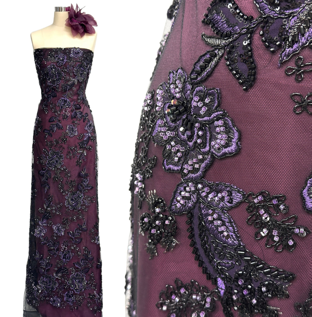 BLS6568#	Large Floral Beaded Embroidered Tulle Lace Fabric with Leaf Vine for Wedding Dresses and Evening Gowns