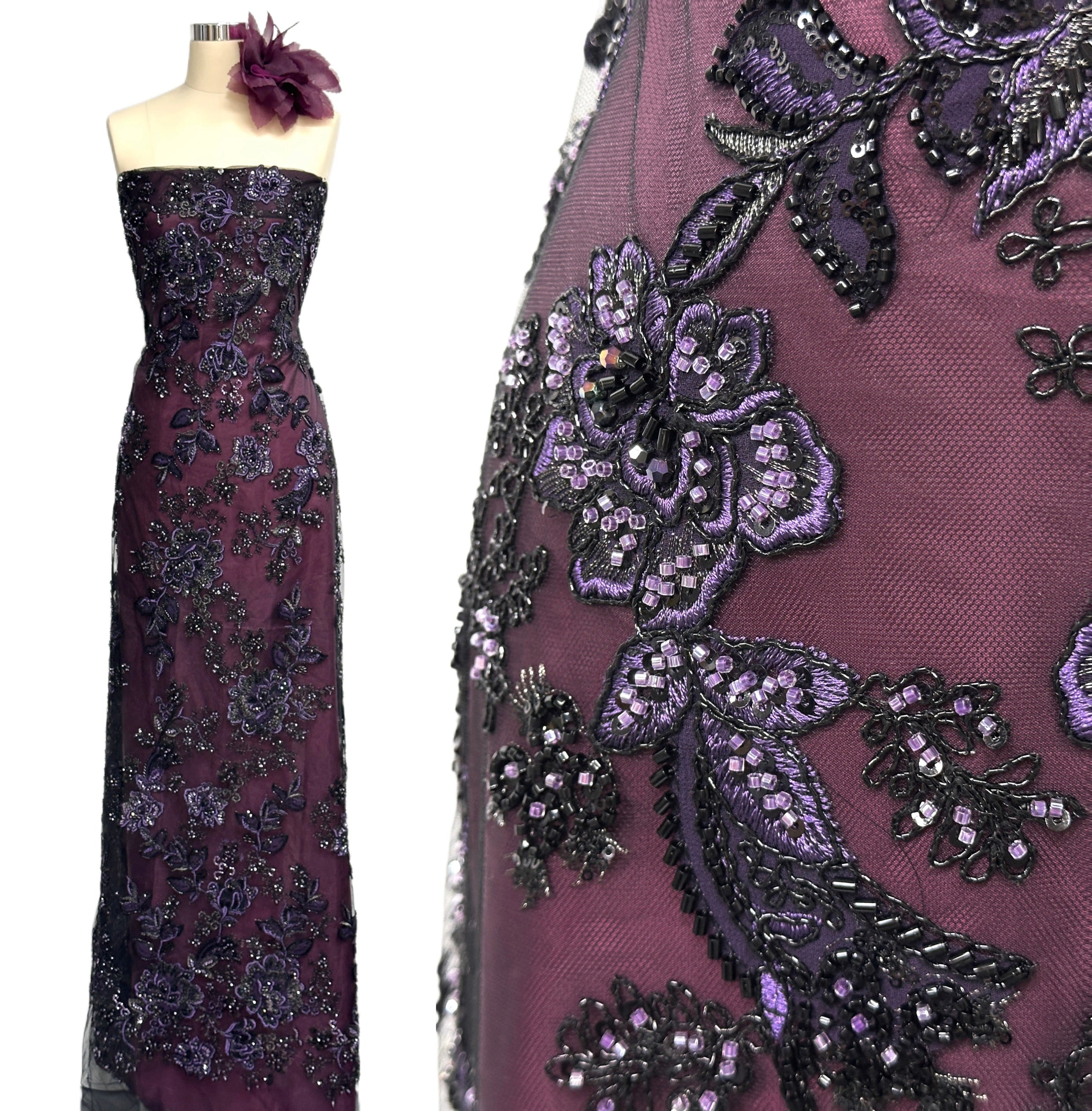 BLS6568#	Large Floral Beaded Embroidered Tulle Lace Fabric with Leaf Vine for Wedding Dresses and Evening Gowns