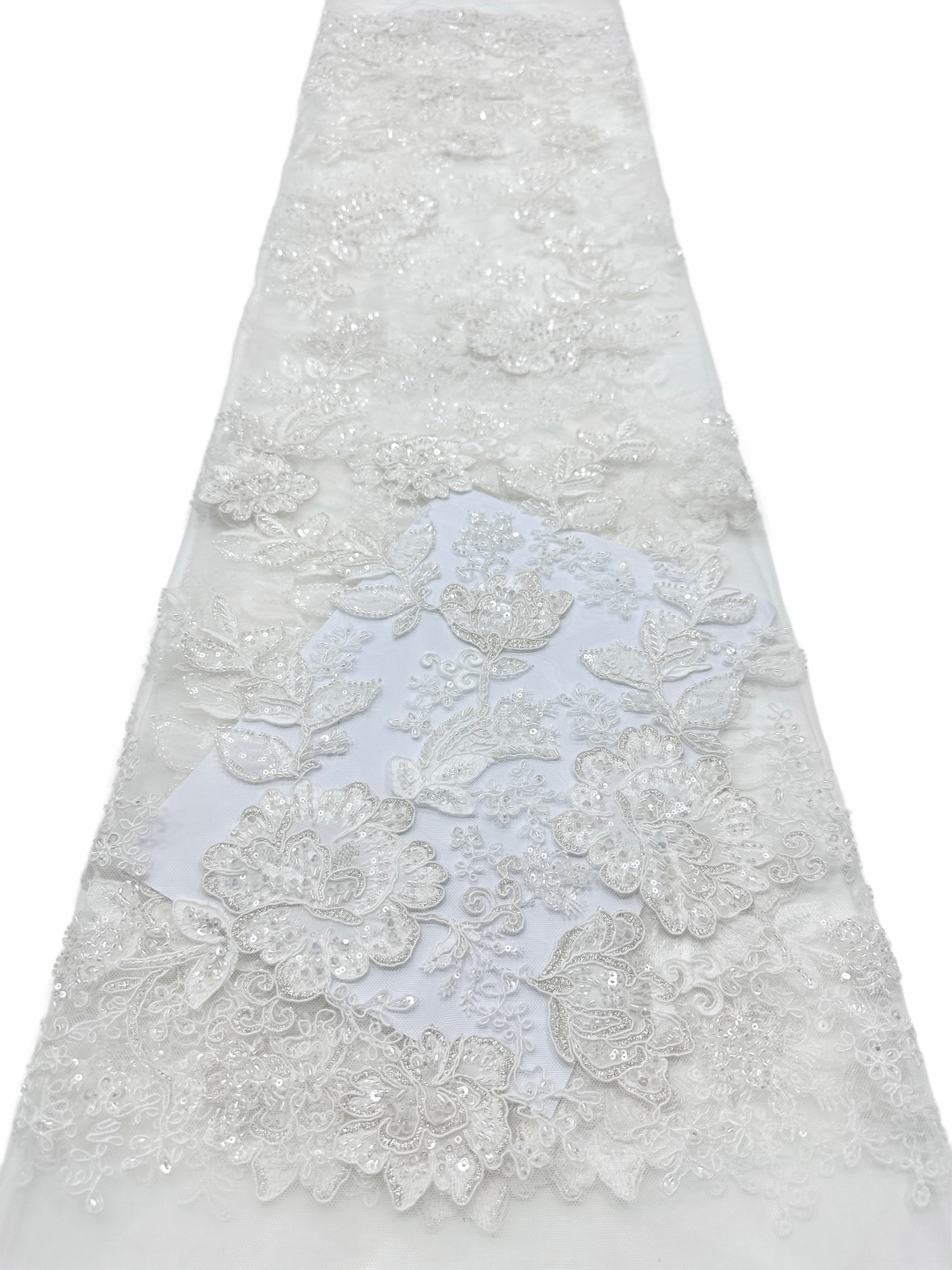 BLS6568#	Large Floral Beaded Embroidered Tulle Lace Fabric with Leaf Vine for Wedding Dresses and Evening Gowns