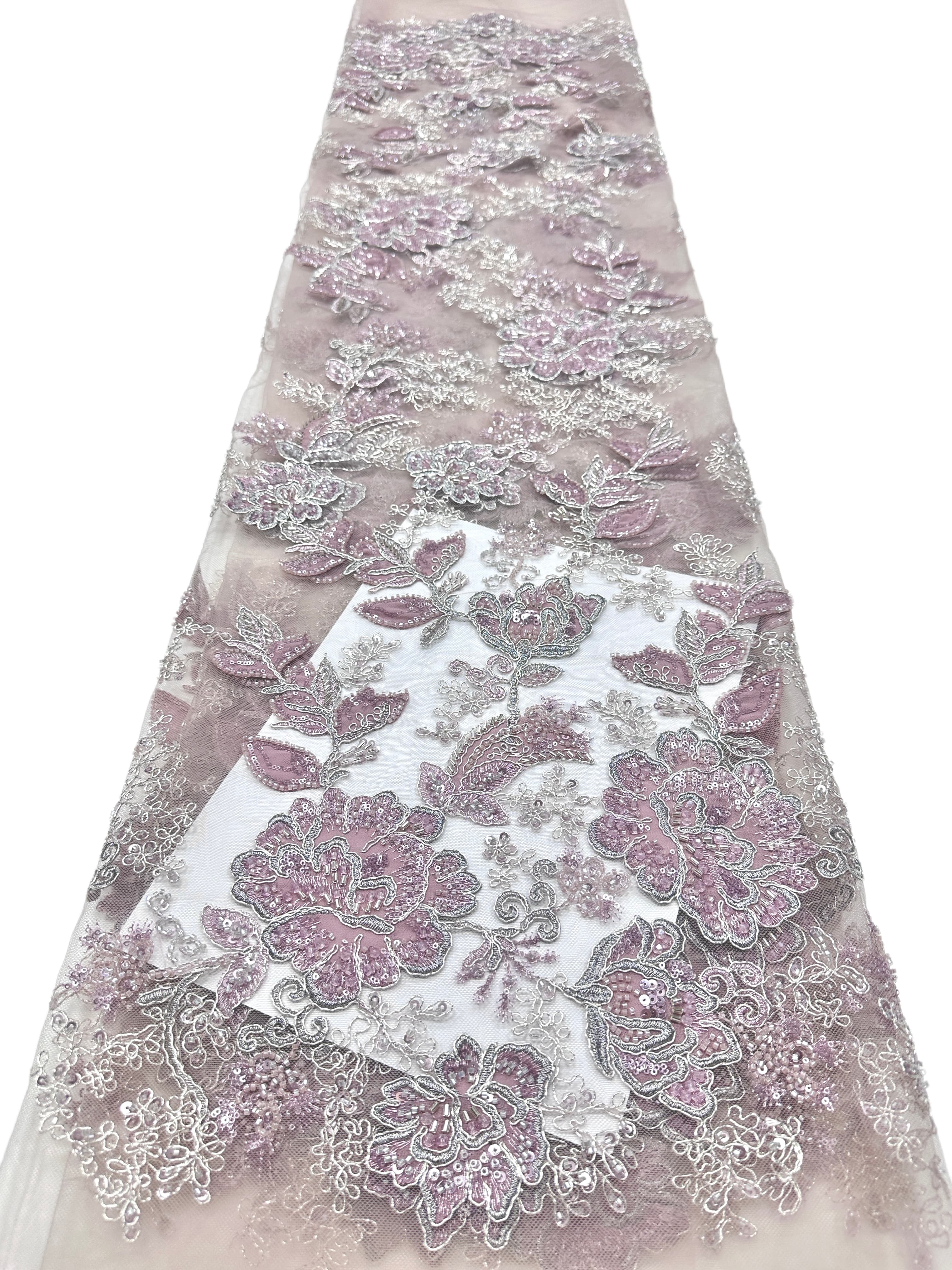 BLS6568#	Large Floral Beaded Embroidered Tulle Lace Fabric with Leaf Vine for Wedding Dresses and Evening Gowns
