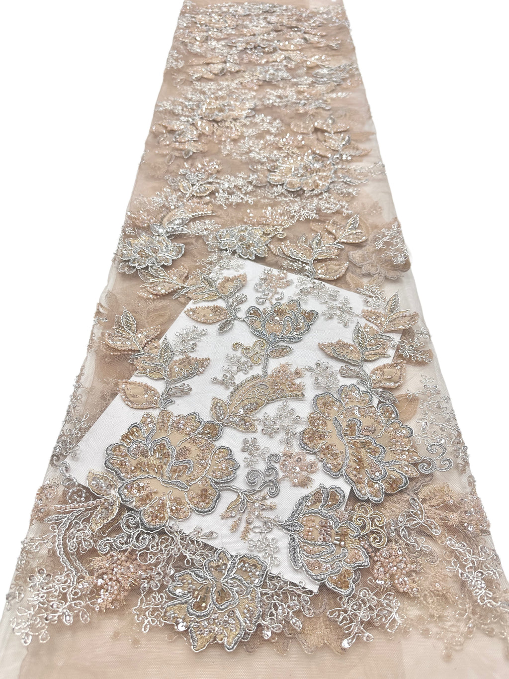 BLS6568#	Large Floral Beaded Embroidered Tulle Lace Fabric with Leaf Vine for Wedding Dresses and Evening Gowns