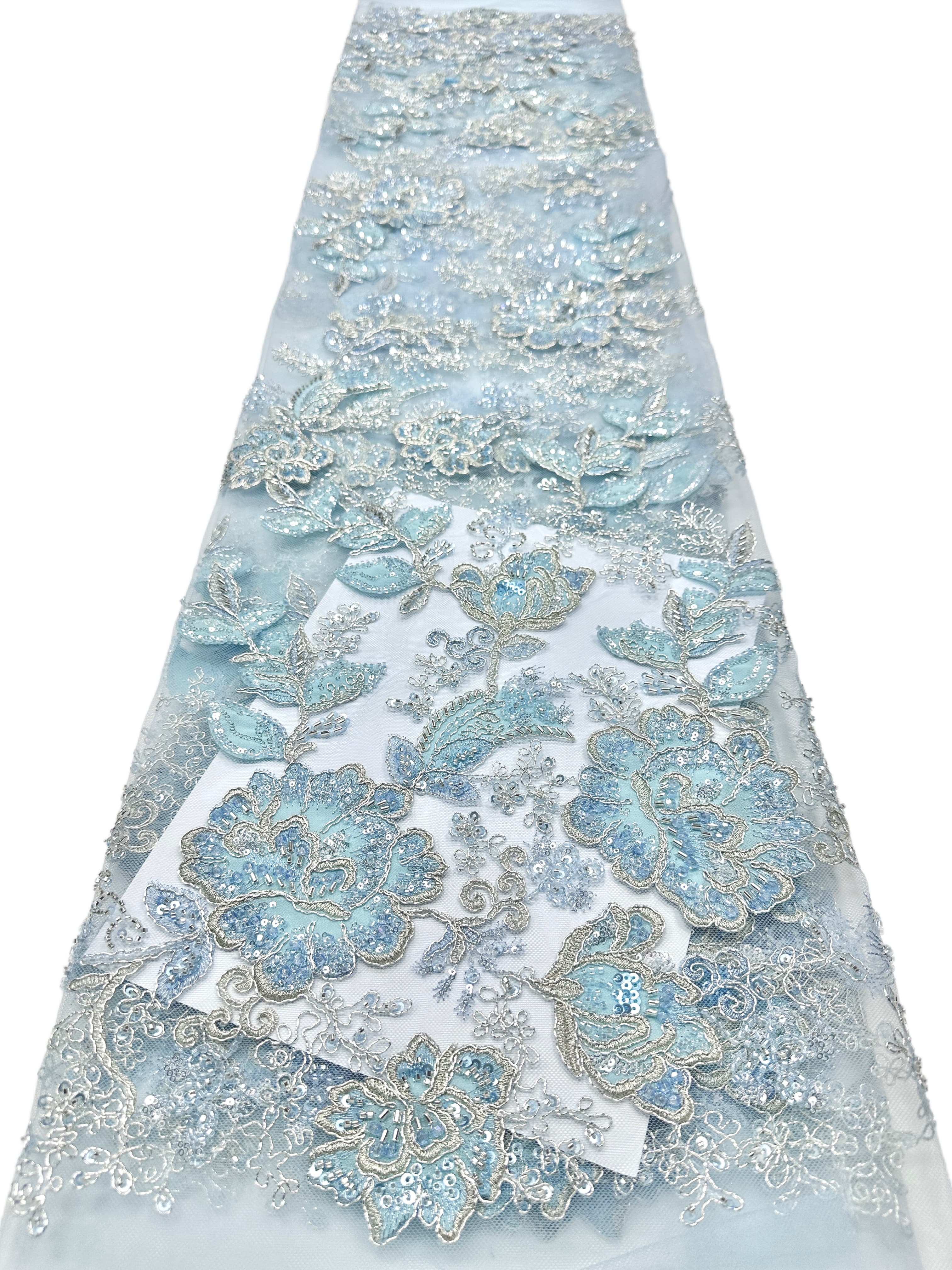 BLS6568#	Large Floral Beaded Embroidered Tulle Lace Fabric with Leaf Vine for Wedding Dresses and Evening Gowns