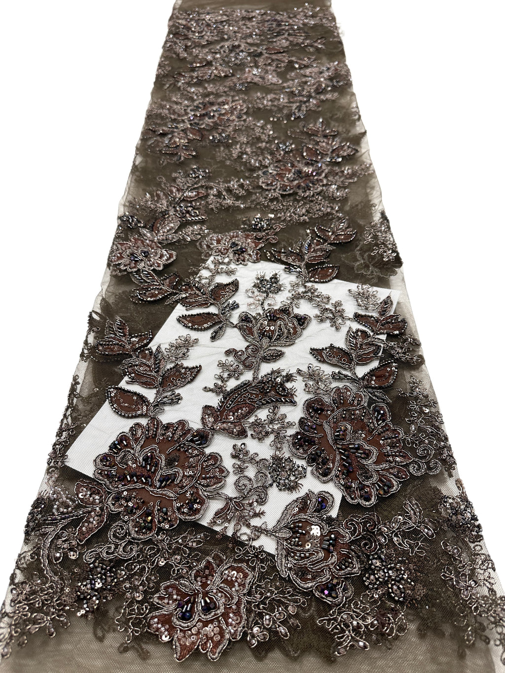 BLS6568#	Large Floral Beaded Embroidered Tulle Lace Fabric with Leaf Vine for Wedding Dresses and Evening Gowns