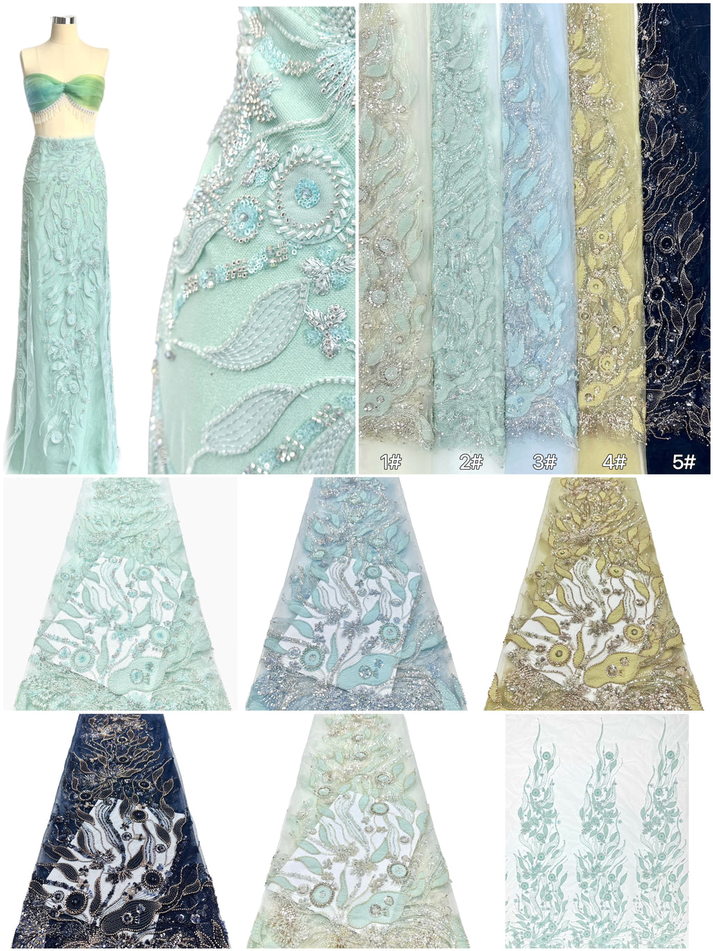 BLS6569#	Beaded Leaf Vine Tulle Lace Fabric Border Embroidered Lace Material for Wedding Dresses Bridal Gowns Evening Gowns