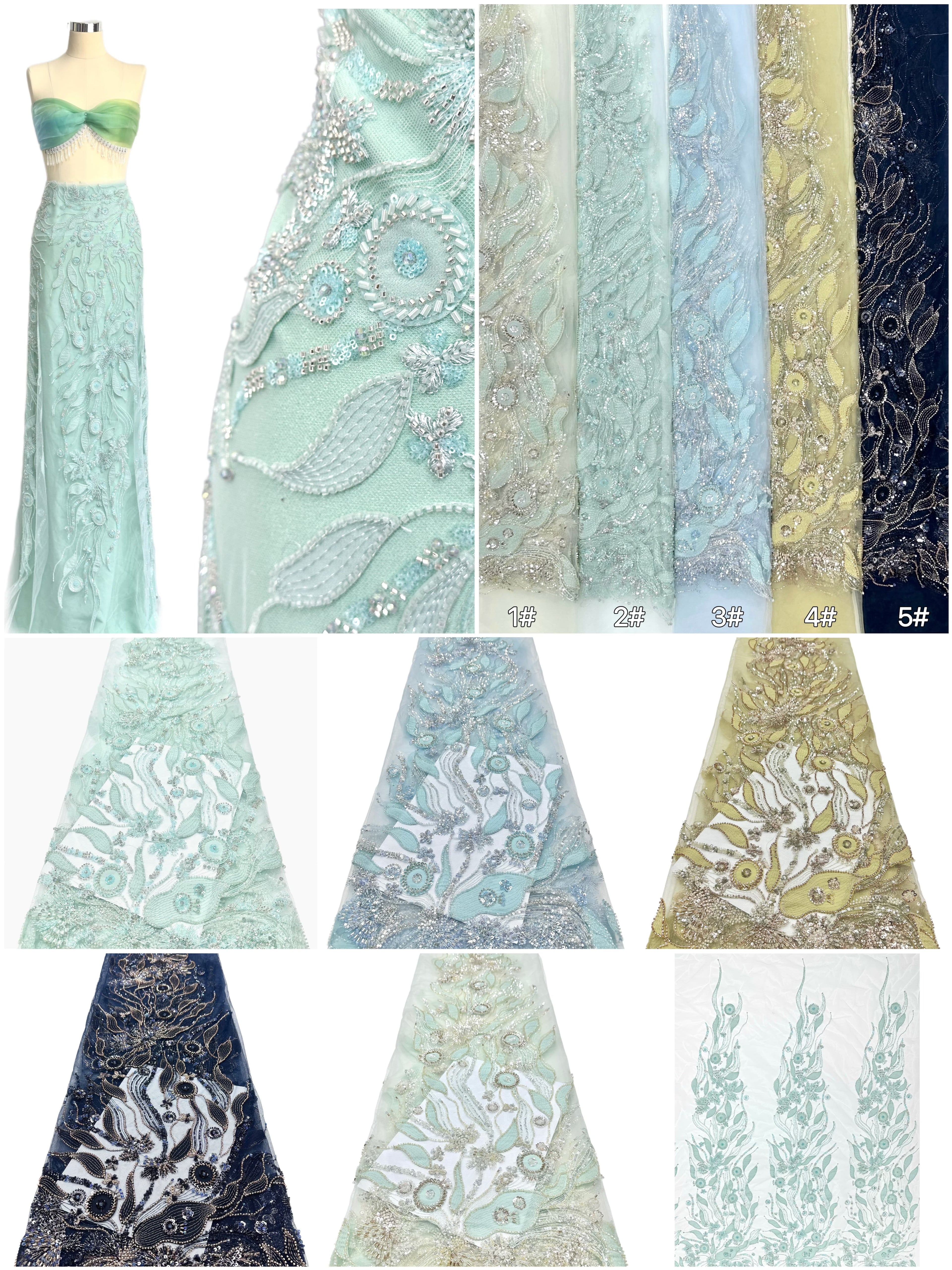 BLS6569#	Beaded Leaf Vine Tulle Lace Fabric Border Embroidered Lace Material for Wedding Dresses Bridal Gowns Evening Gowns