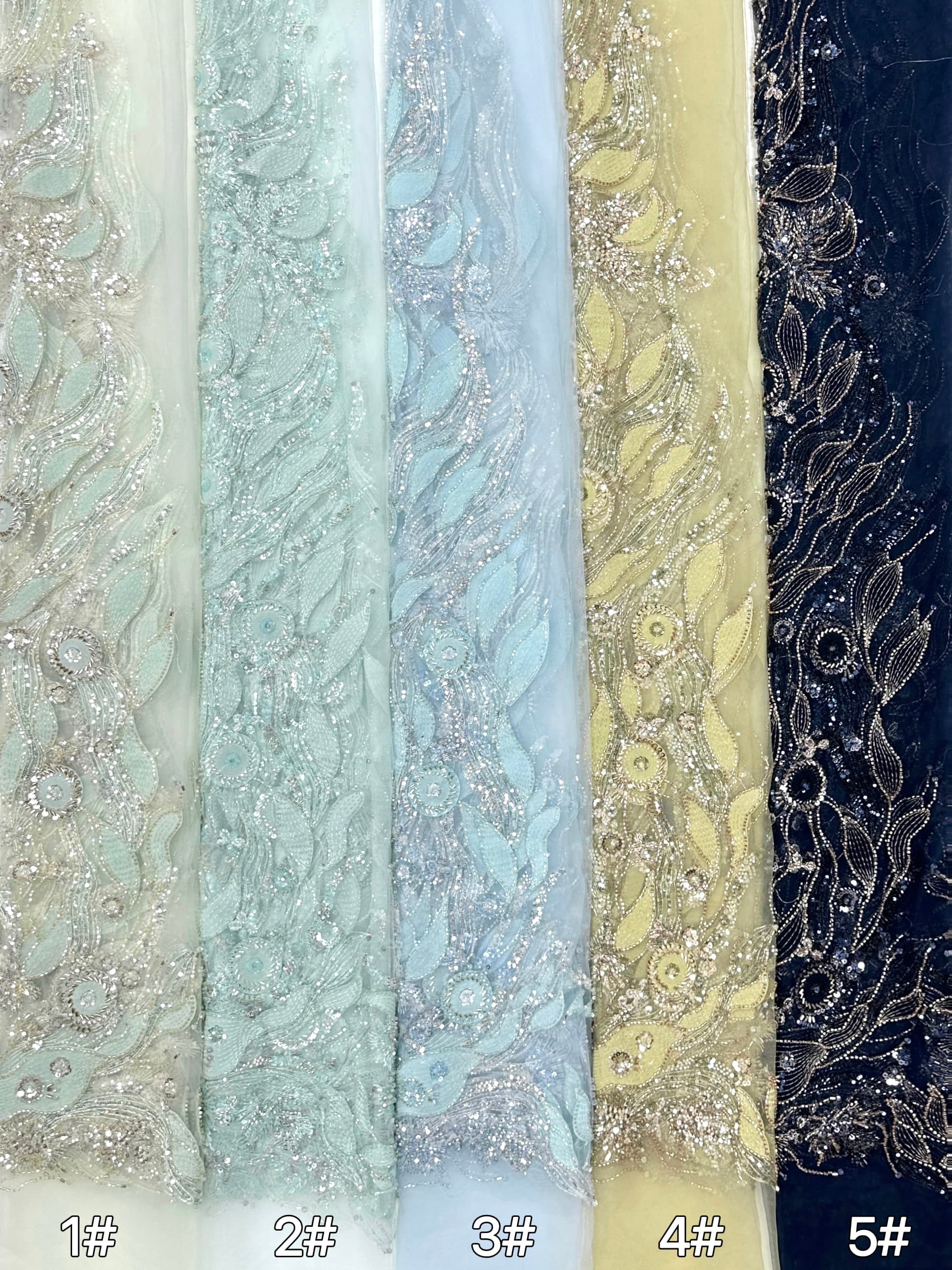 BLS6569#	Beaded Leaf Vine Tulle Lace Fabric Border Embroidered Lace Material for Wedding Dresses Bridal Gowns Evening Gowns