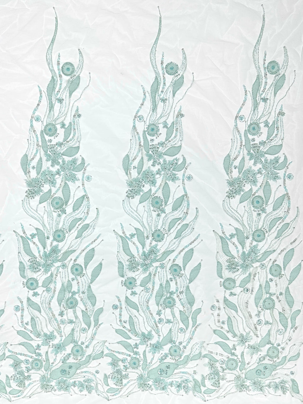 BLS6569#	Beaded Leaf Vine Tulle Lace Fabric Border Embroidered Lace Material for Wedding Dresses Bridal Gowns Evening Gowns