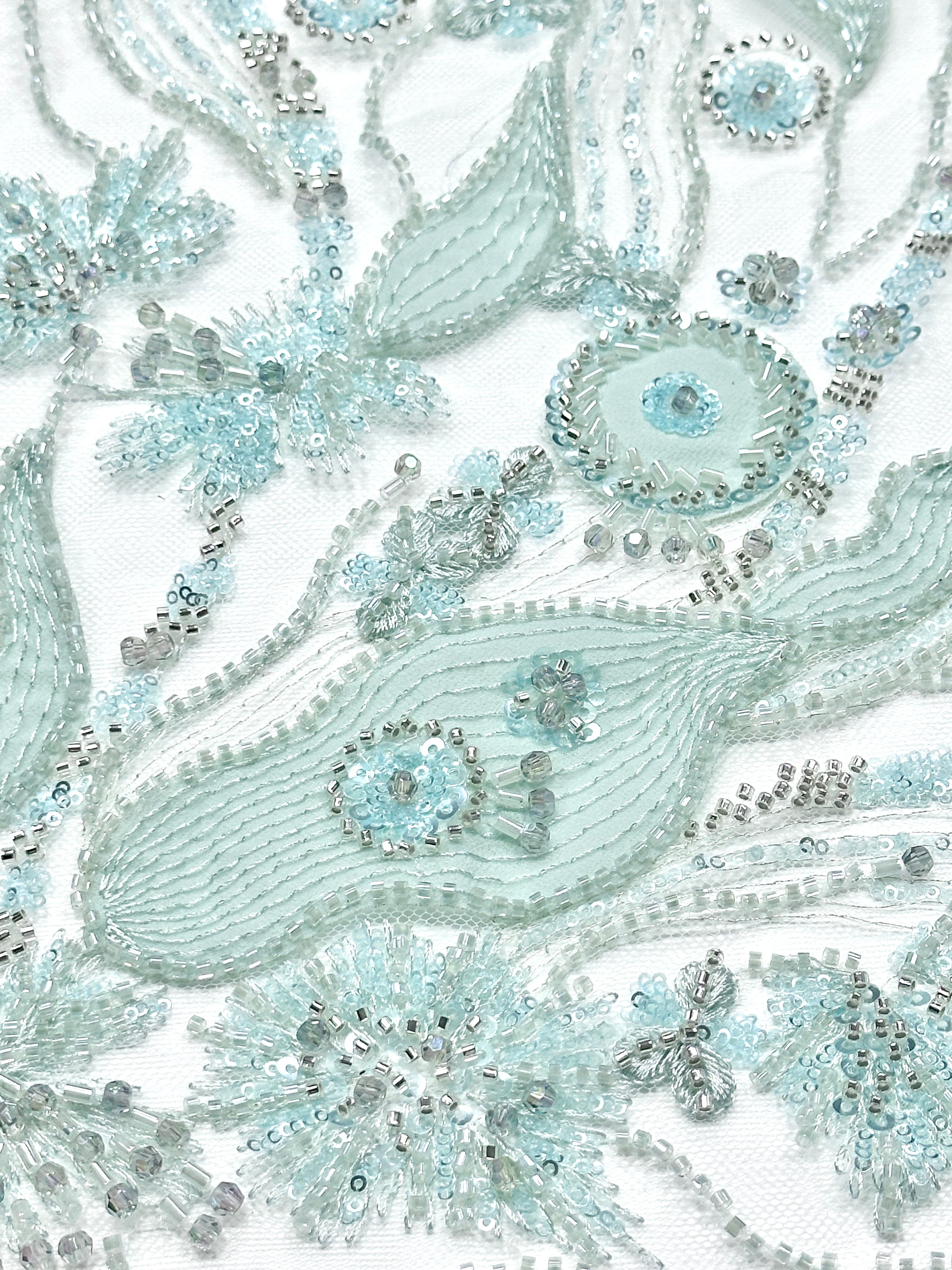 BLS6569#	Beaded Leaf Vine Tulle Lace Fabric Border Embroidered Lace Material for Wedding Dresses Bridal Gowns Evening Gowns