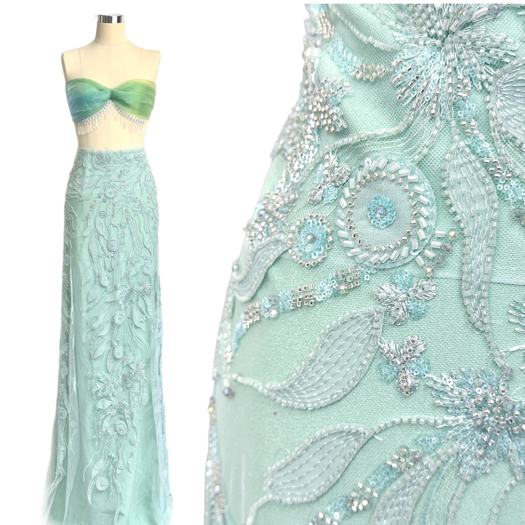 BLS6569#	Beaded Leaf Vine Tulle Lace Fabric Border Embroidered Lace Material for Wedding Dresses Bridal Gowns Evening Gowns