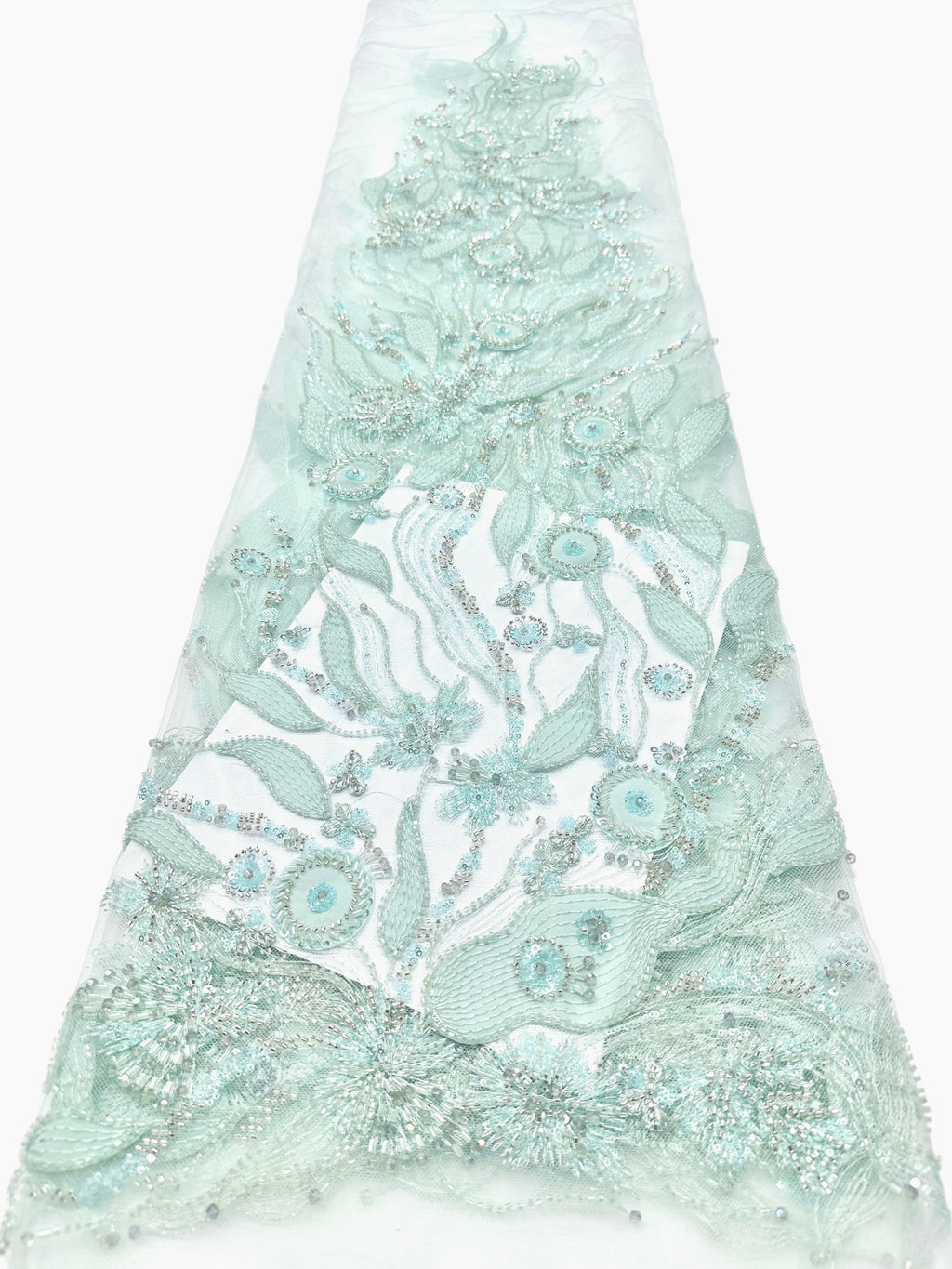 BLS6569#	Beaded Leaf Vine Tulle Lace Fabric Border Embroidered Lace Material for Wedding Dresses Bridal Gowns Evening Gowns