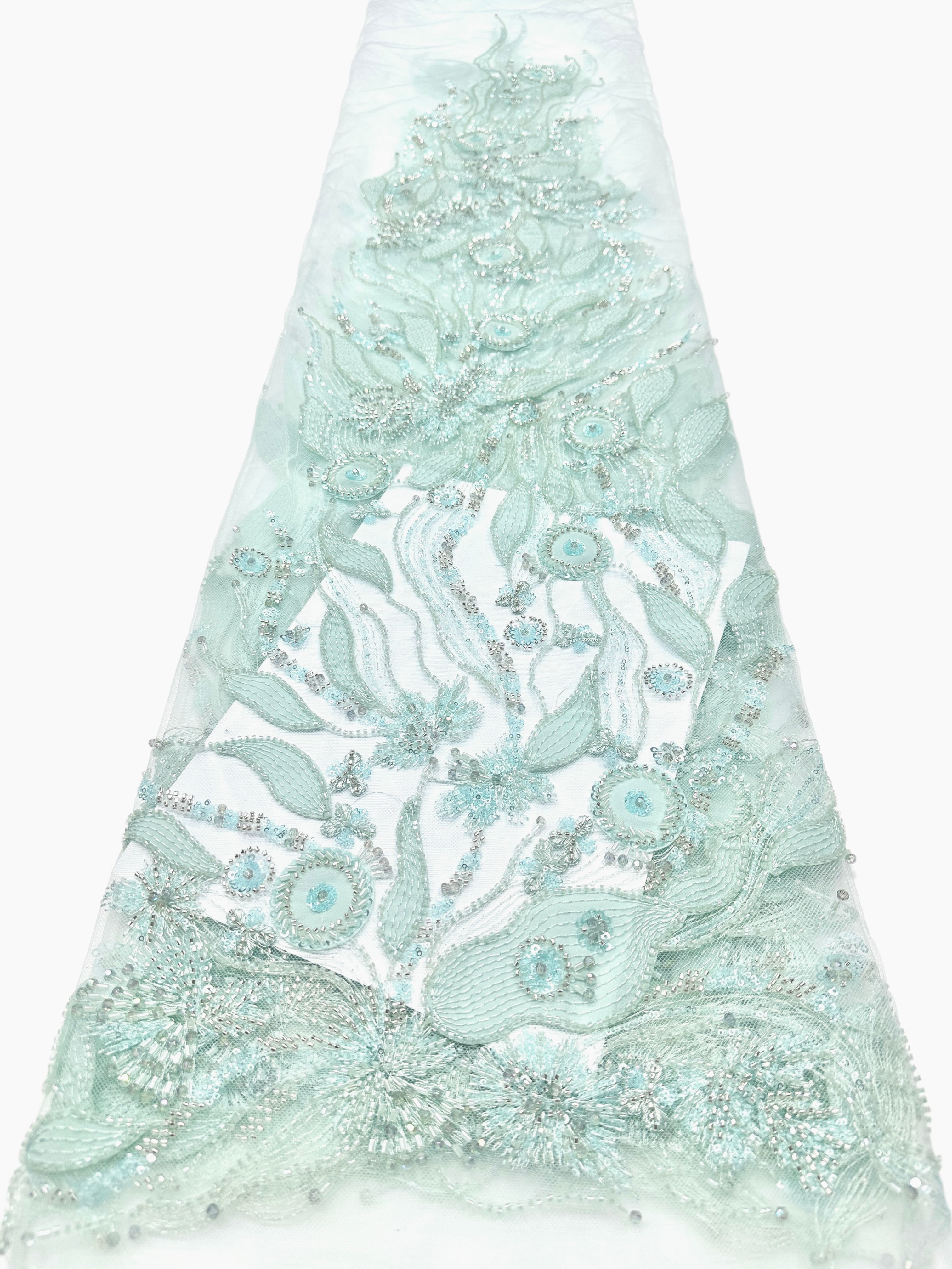 BLS6569#	Beaded Leaf Vine Tulle Lace Fabric Border Embroidered Lace Material for Wedding Dresses Bridal Gowns Evening Gowns