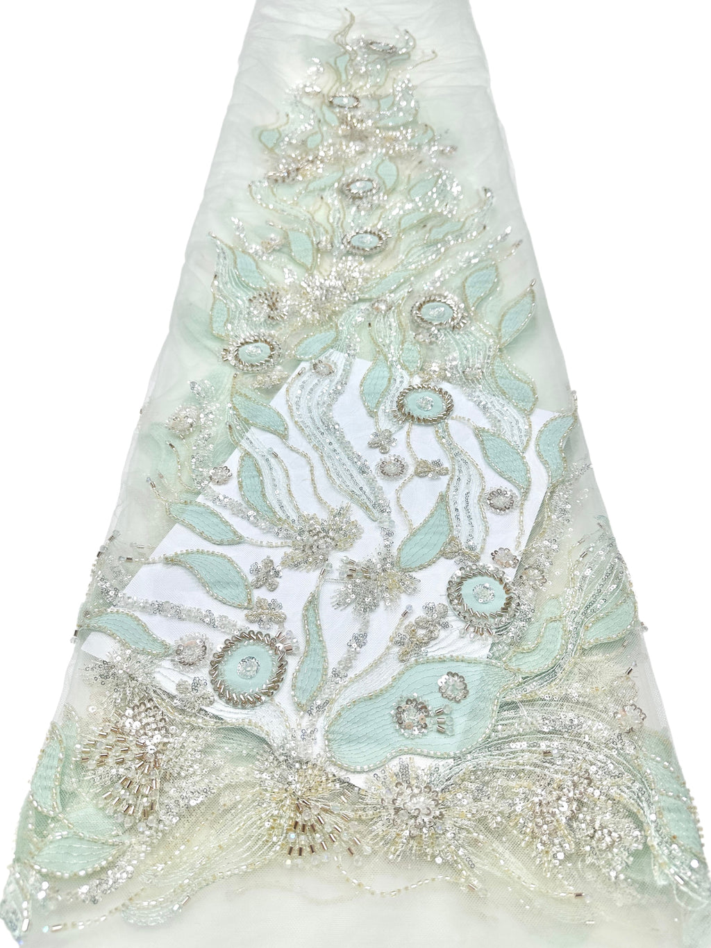 BLS6569#	Beaded Leaf Vine Tulle Lace Fabric Border Embroidered Lace Material for Wedding Dresses Bridal Gowns Evening Gowns