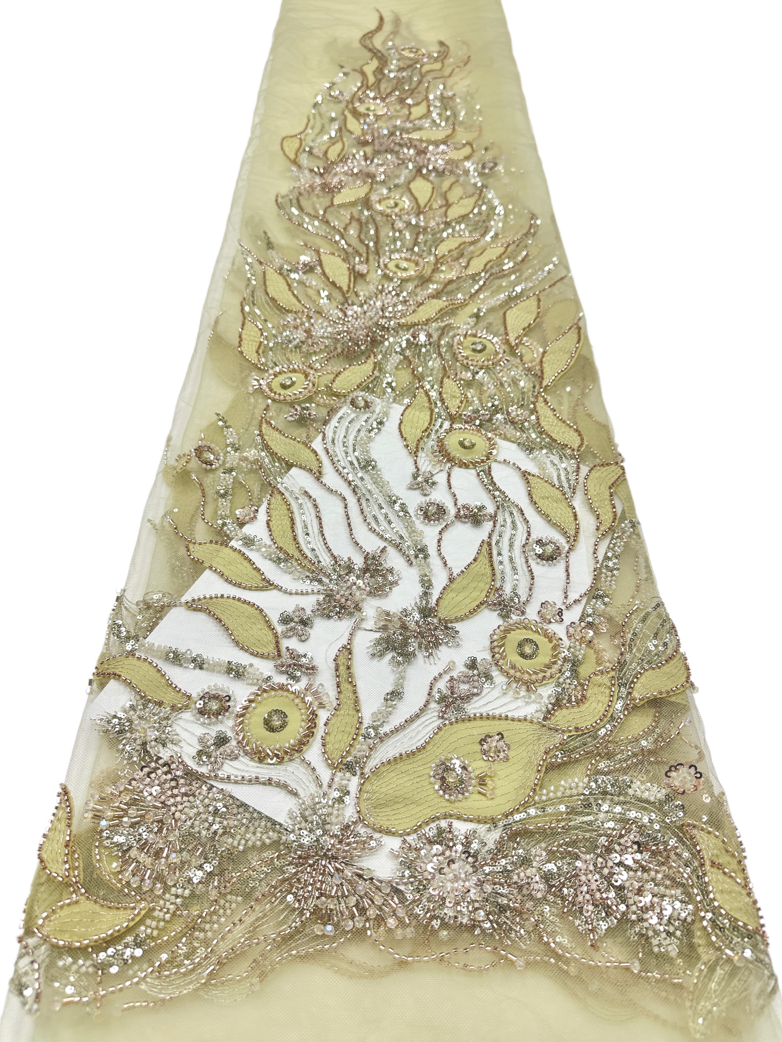 BLS6569#	Beaded Leaf Vine Tulle Lace Fabric Border Embroidered Lace Material for Wedding Dresses Bridal Gowns Evening Gowns