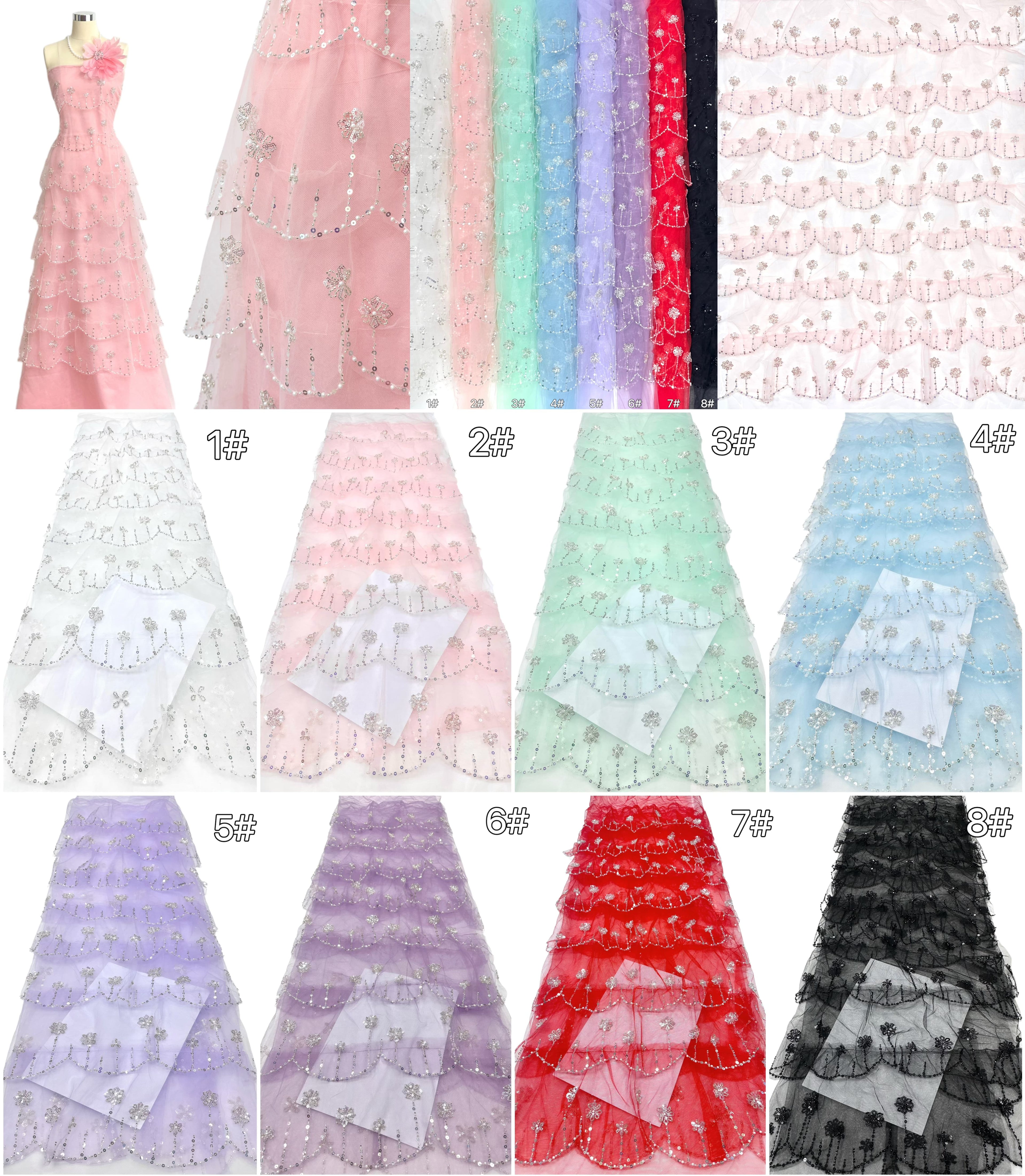 BLS6570#	Sequined Beaded Floral Tulle Lace Fabric with Scalloped Edge for Wedding Dresses Evening Gowns