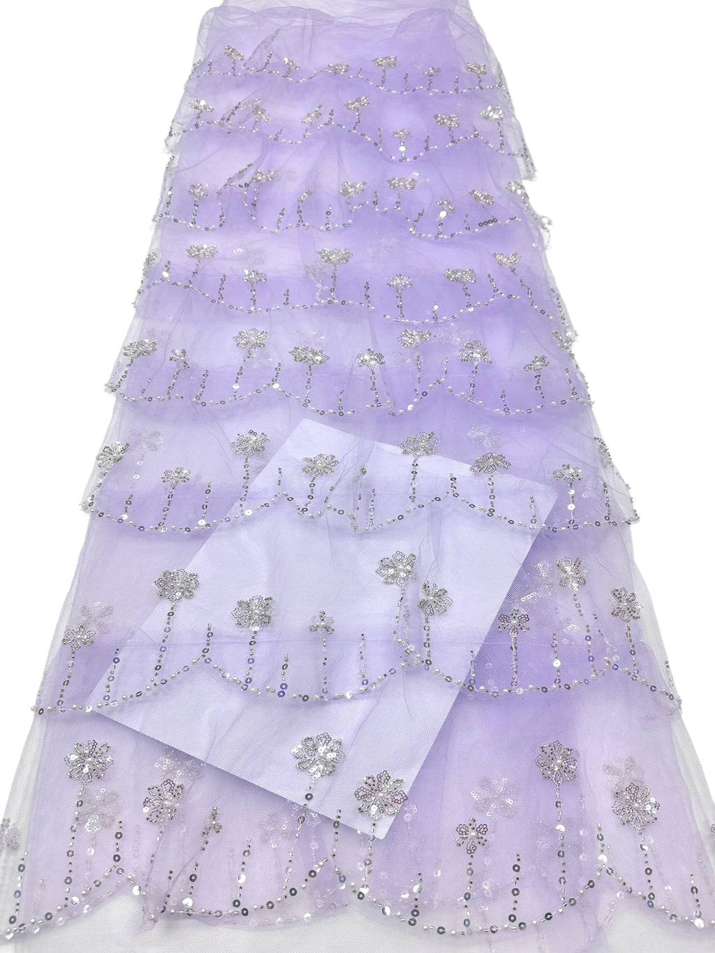 BLS6570#	Sequined Beaded Floral Tulle Lace Fabric with Scalloped Edge for Wedding Dresses Evening Gowns