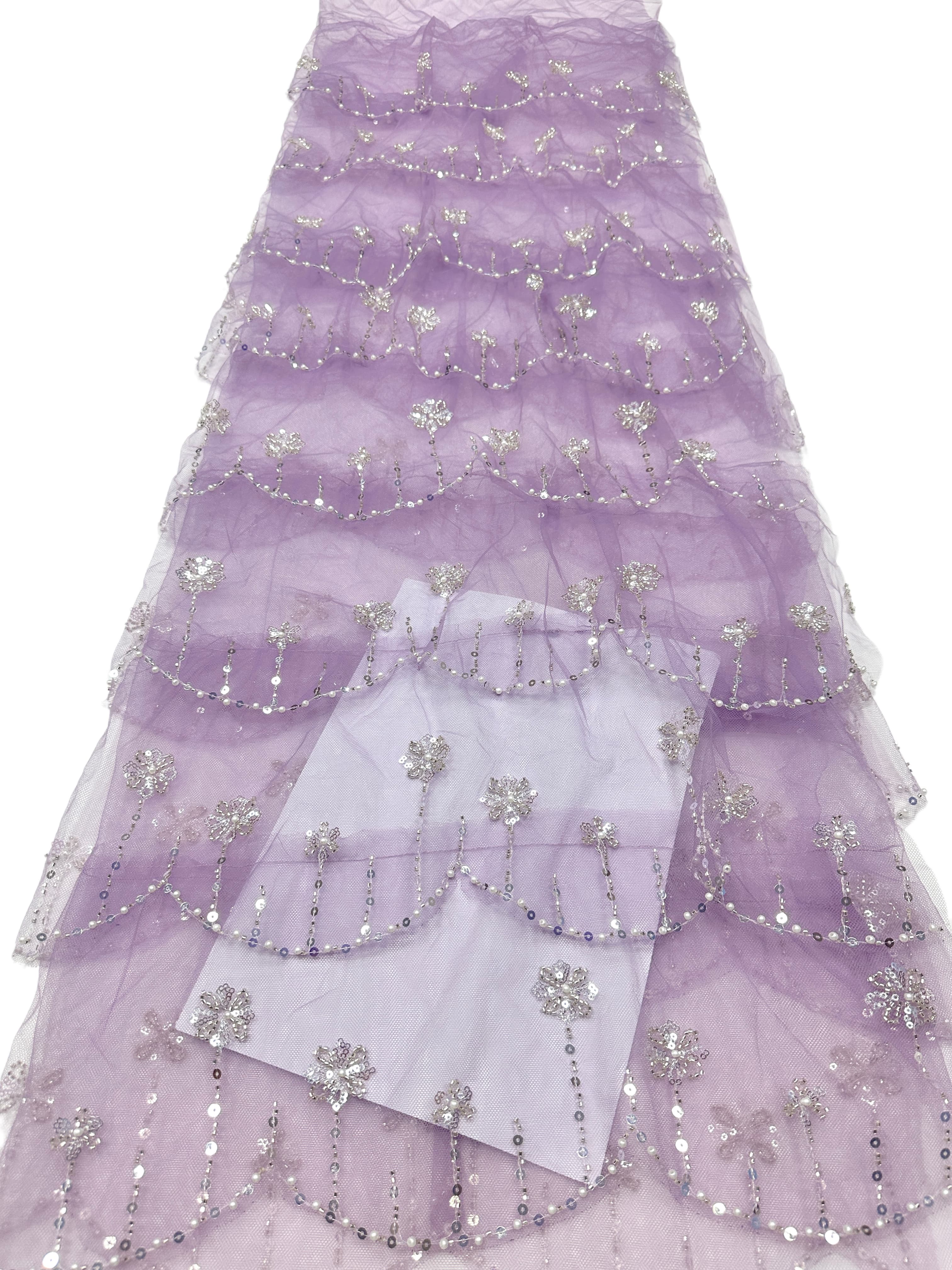 BLS6570#	Sequined Beaded Floral Tulle Lace Fabric with Scalloped Edge for Wedding Dresses Evening Gowns