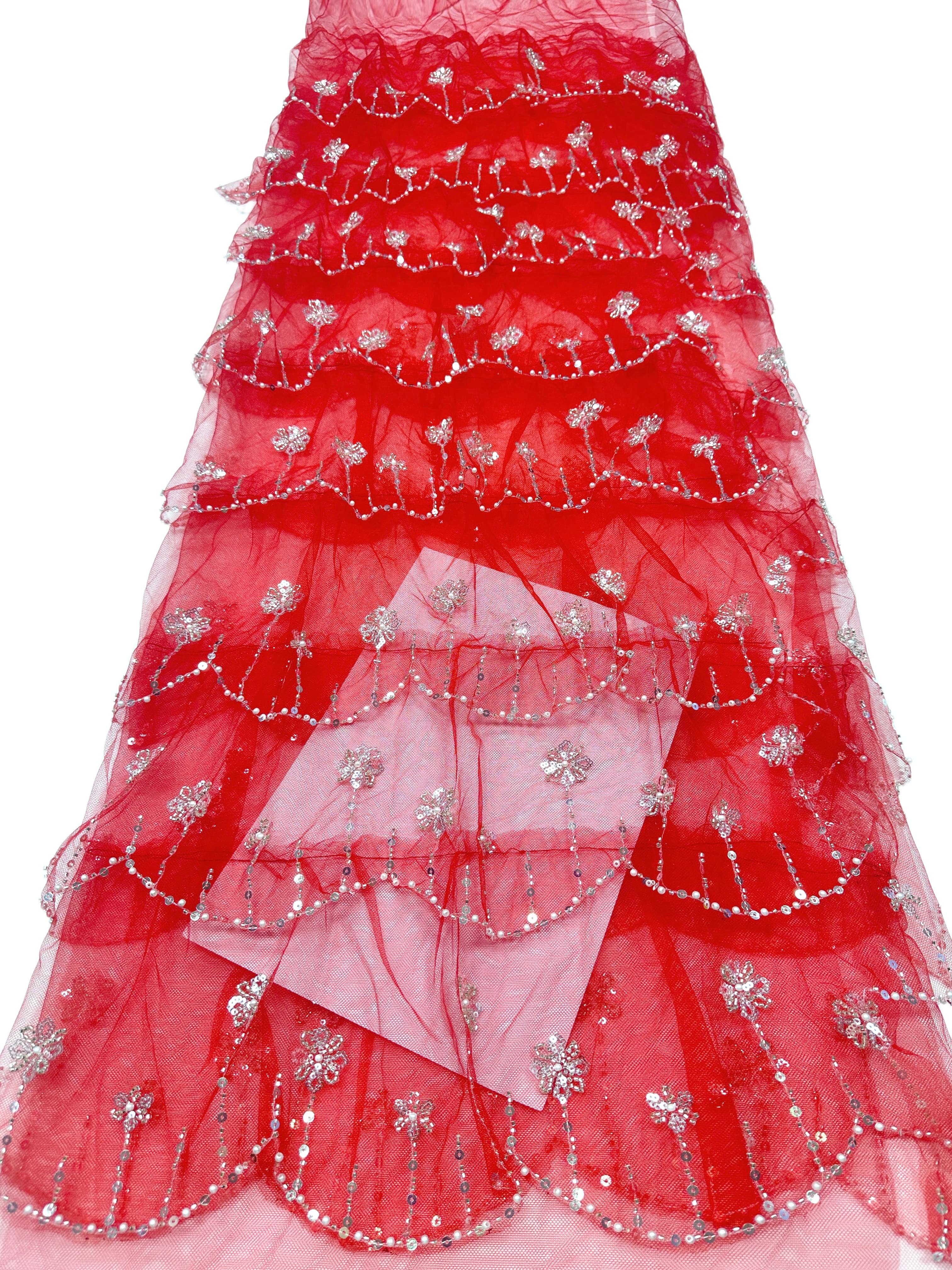 BLS6570#	Sequined Beaded Floral Tulle Lace Fabric with Scalloped Edge for Wedding Dresses Evening Gowns