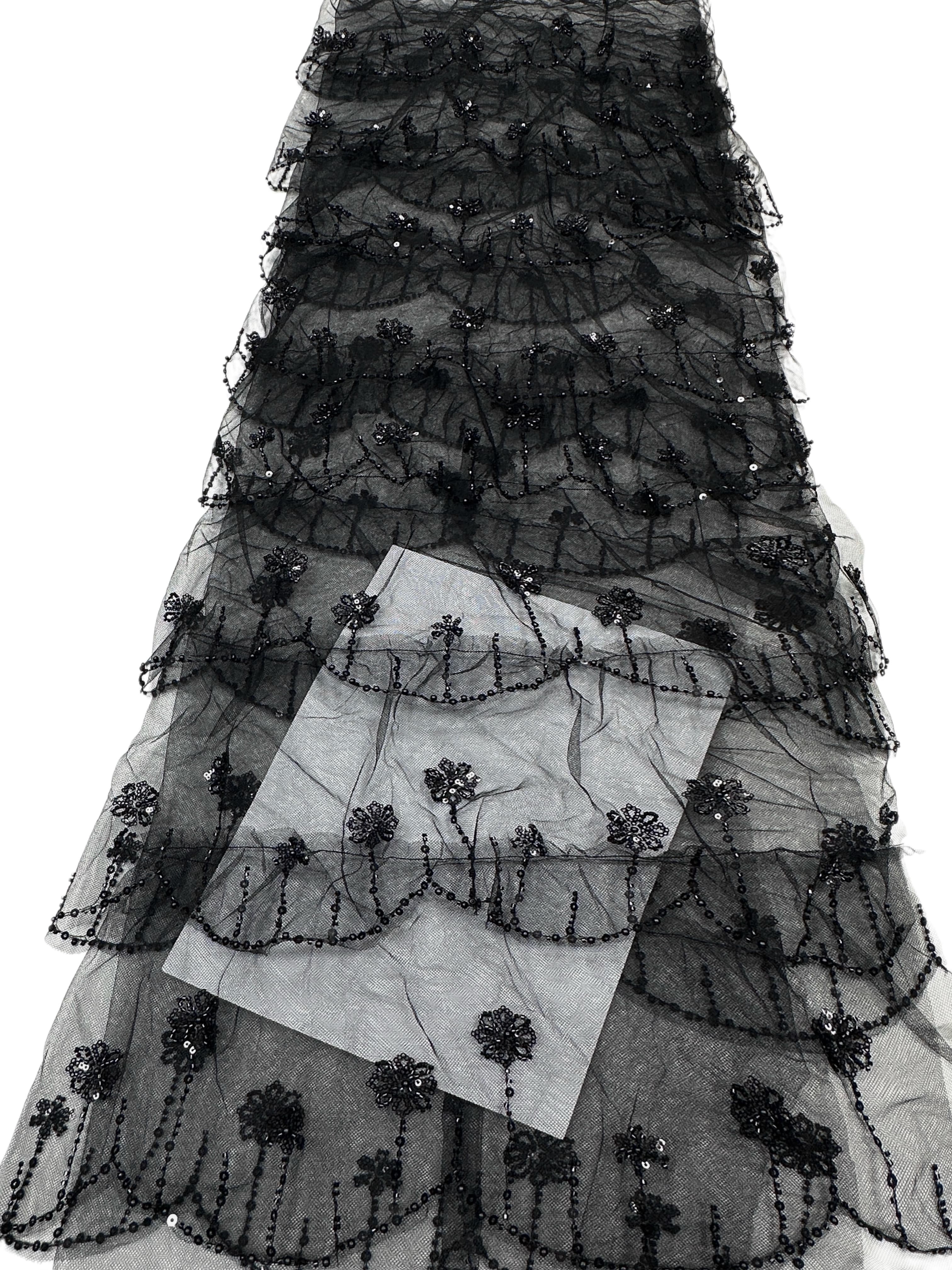 BLS6570#	Sequined Beaded Floral Tulle Lace Fabric with Scalloped Edge for Wedding Dresses Evening Gowns