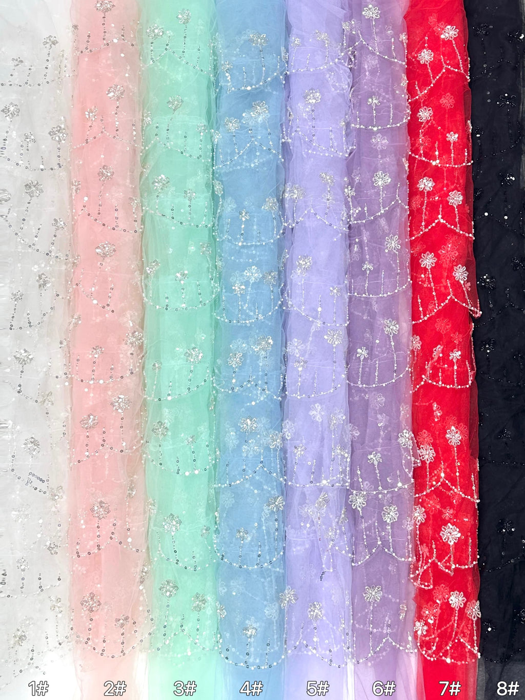 BLS6570#	Sequined Beaded Floral Tulle Lace Fabric with Scalloped Edge for Wedding Dresses Evening Gowns