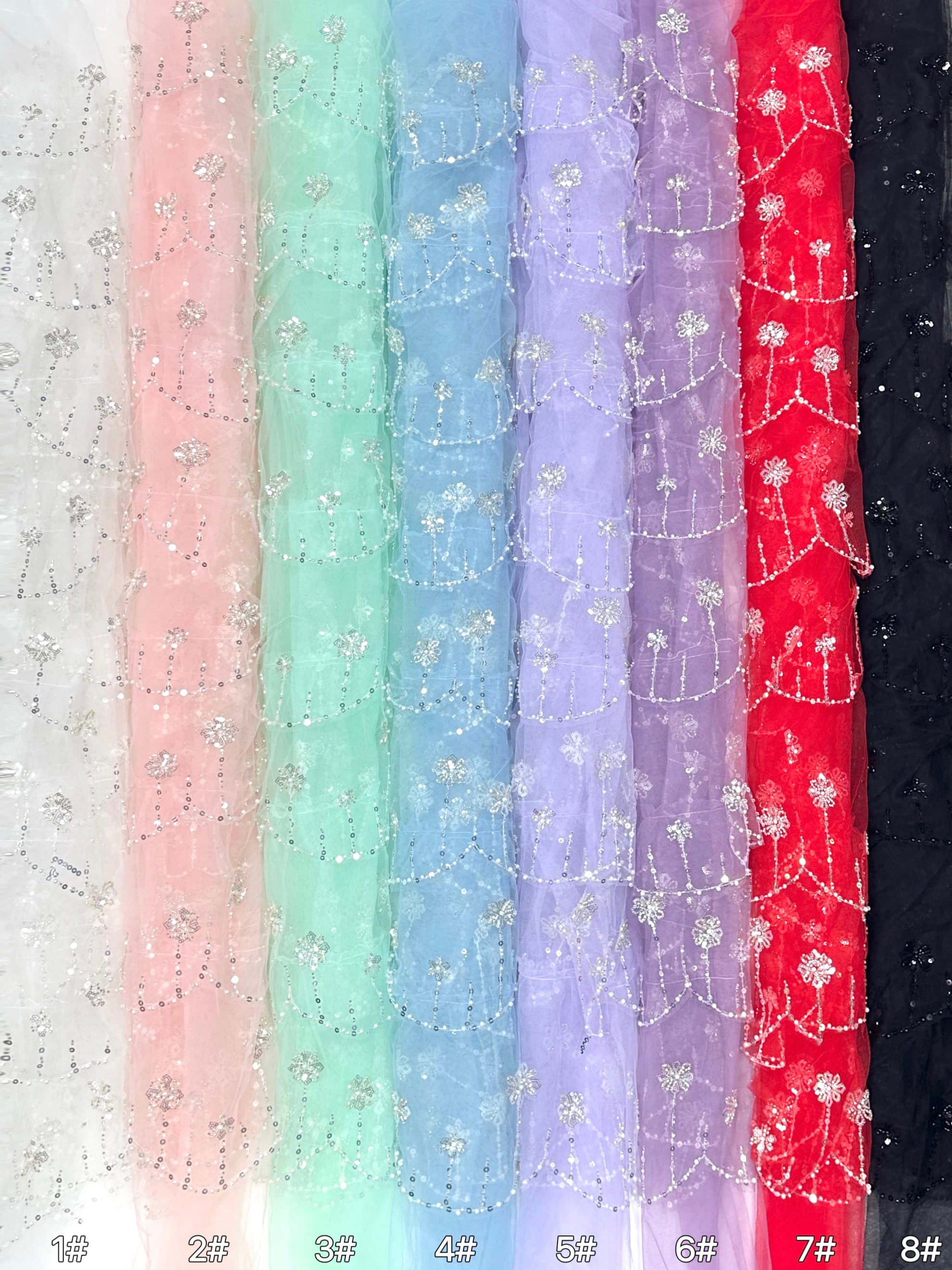 BLS6570#	Sequined Beaded Floral Tulle Lace Fabric with Scalloped Edge for Wedding Dresses Evening Gowns