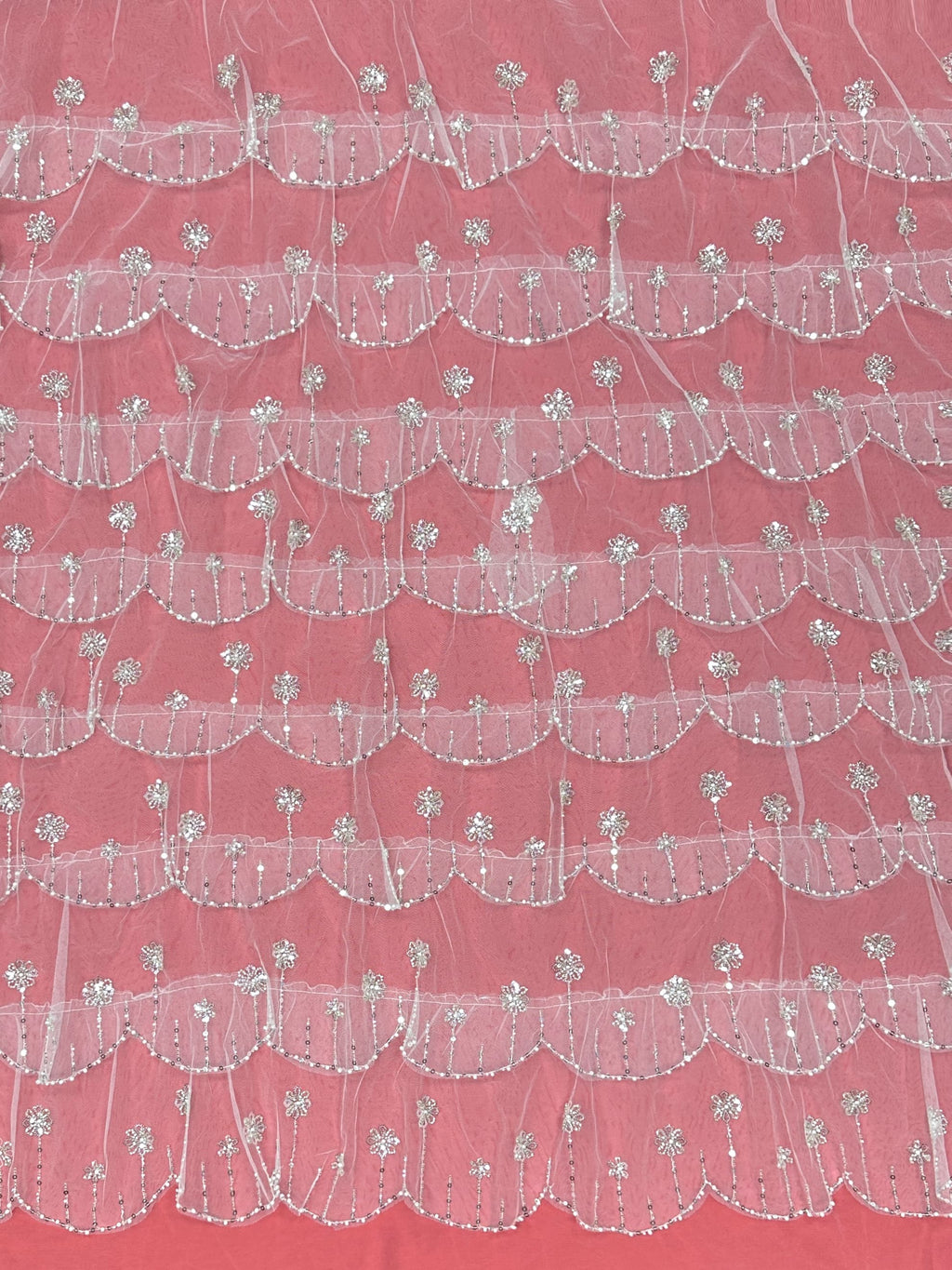 BLS6570#	Sequined Beaded Floral Tulle Lace Fabric with Scalloped Edge for Wedding Dresses Evening Gowns