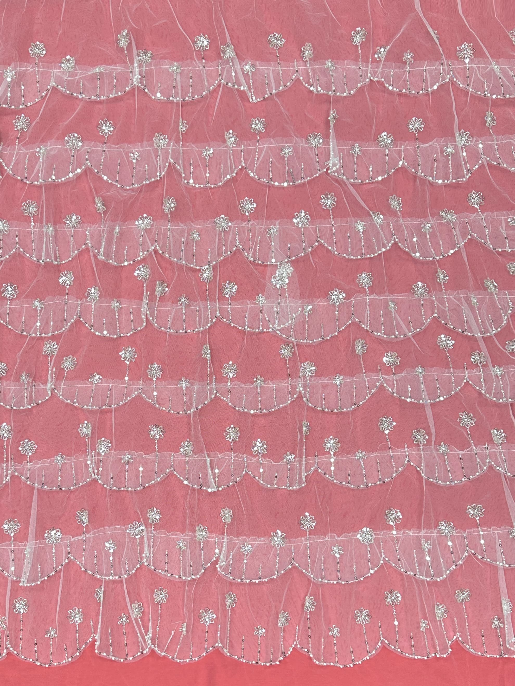 BLS6570#	Sequined Beaded Floral Tulle Lace Fabric with Scalloped Edge for Wedding Dresses Evening Gowns