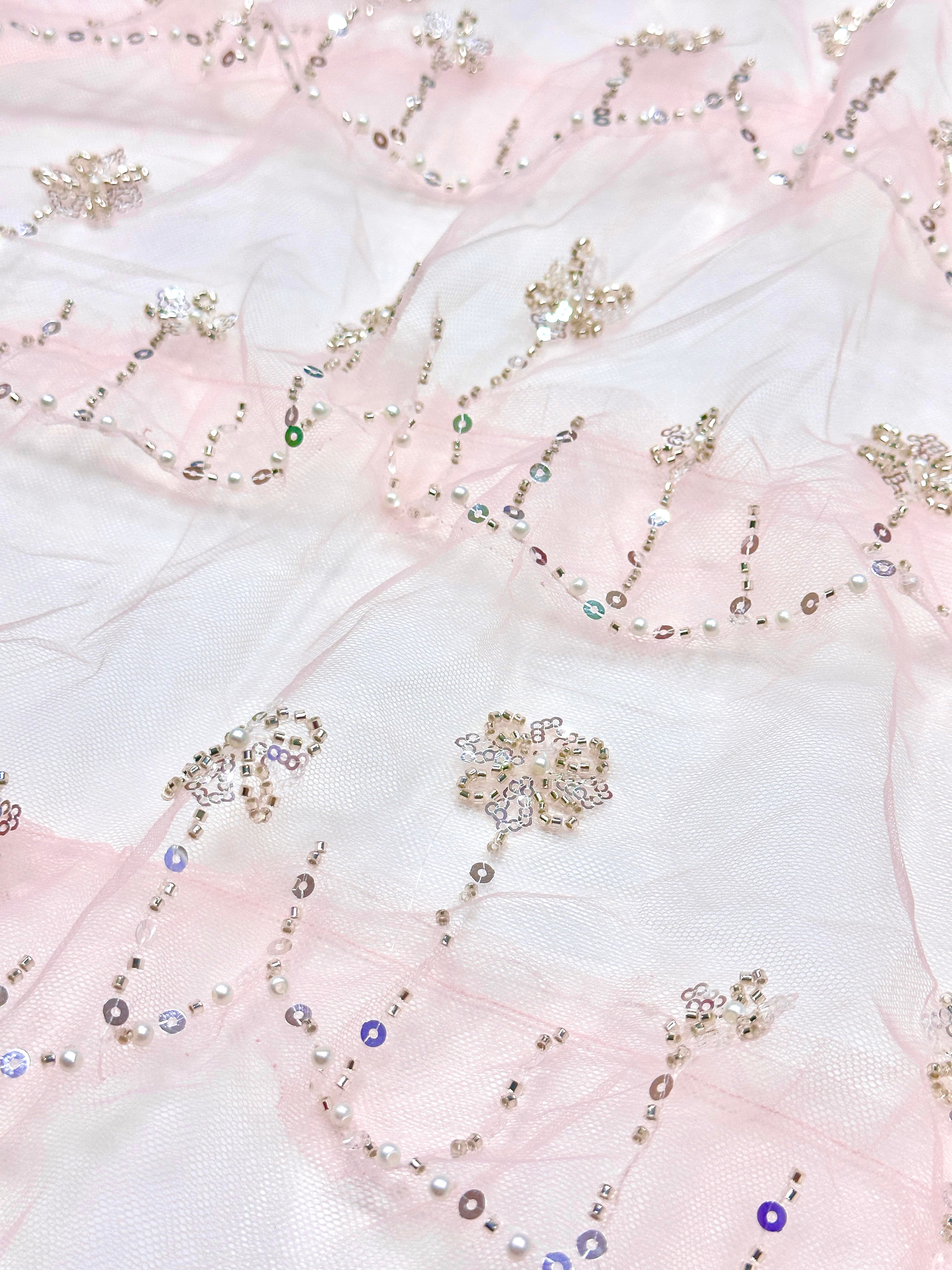 BLS6570#	Sequined Beaded Floral Tulle Lace Fabric with Scalloped Edge for Wedding Dresses Evening Gowns