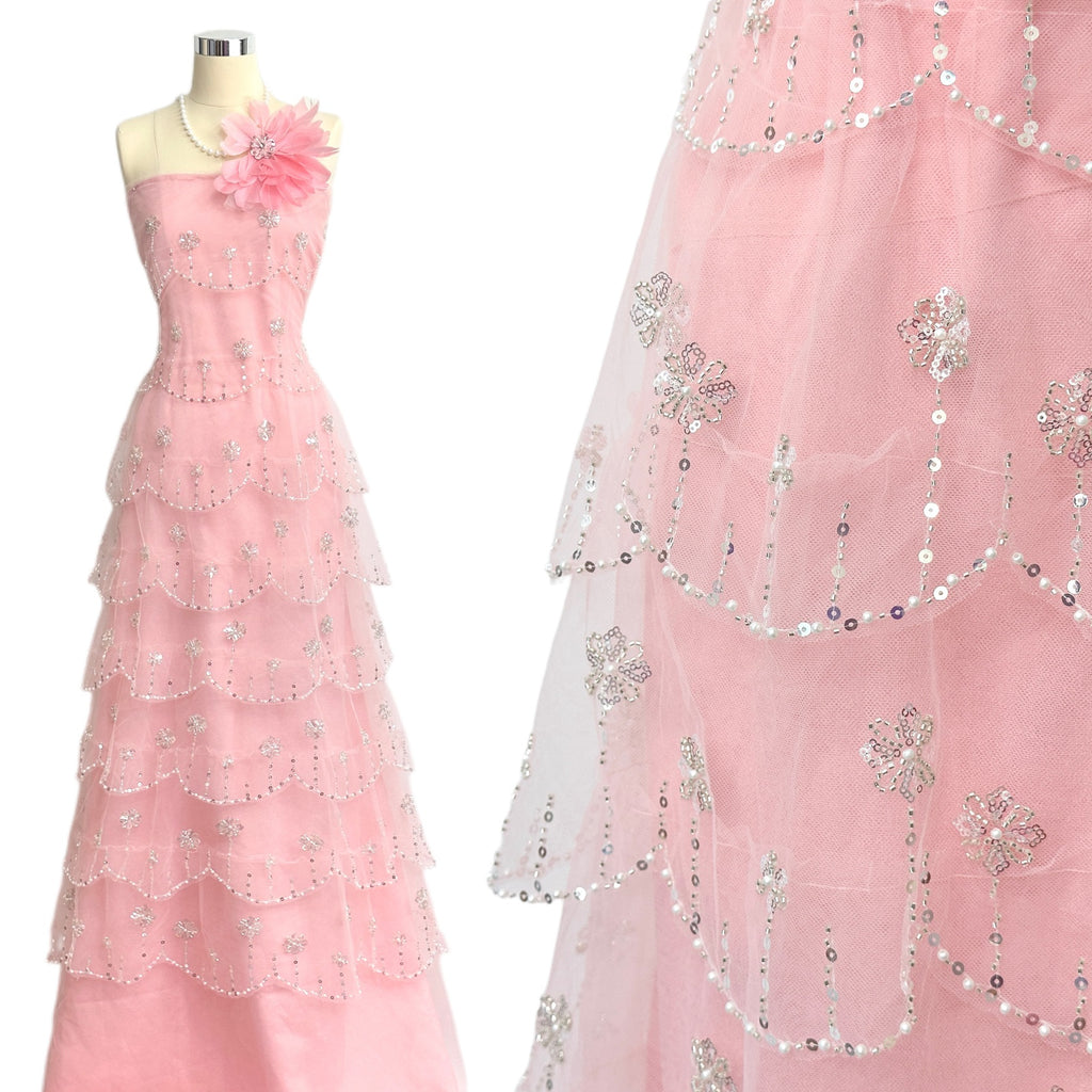 BLS6570#	Sequined Beaded Floral Tulle Lace Fabric with Scalloped Edge for Wedding Dresses Evening Gowns
