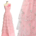 BLS6570#	Sequined Beaded Floral Tulle Lace Fabric with Scalloped Edge for Wedding Dresses Evening Gowns
