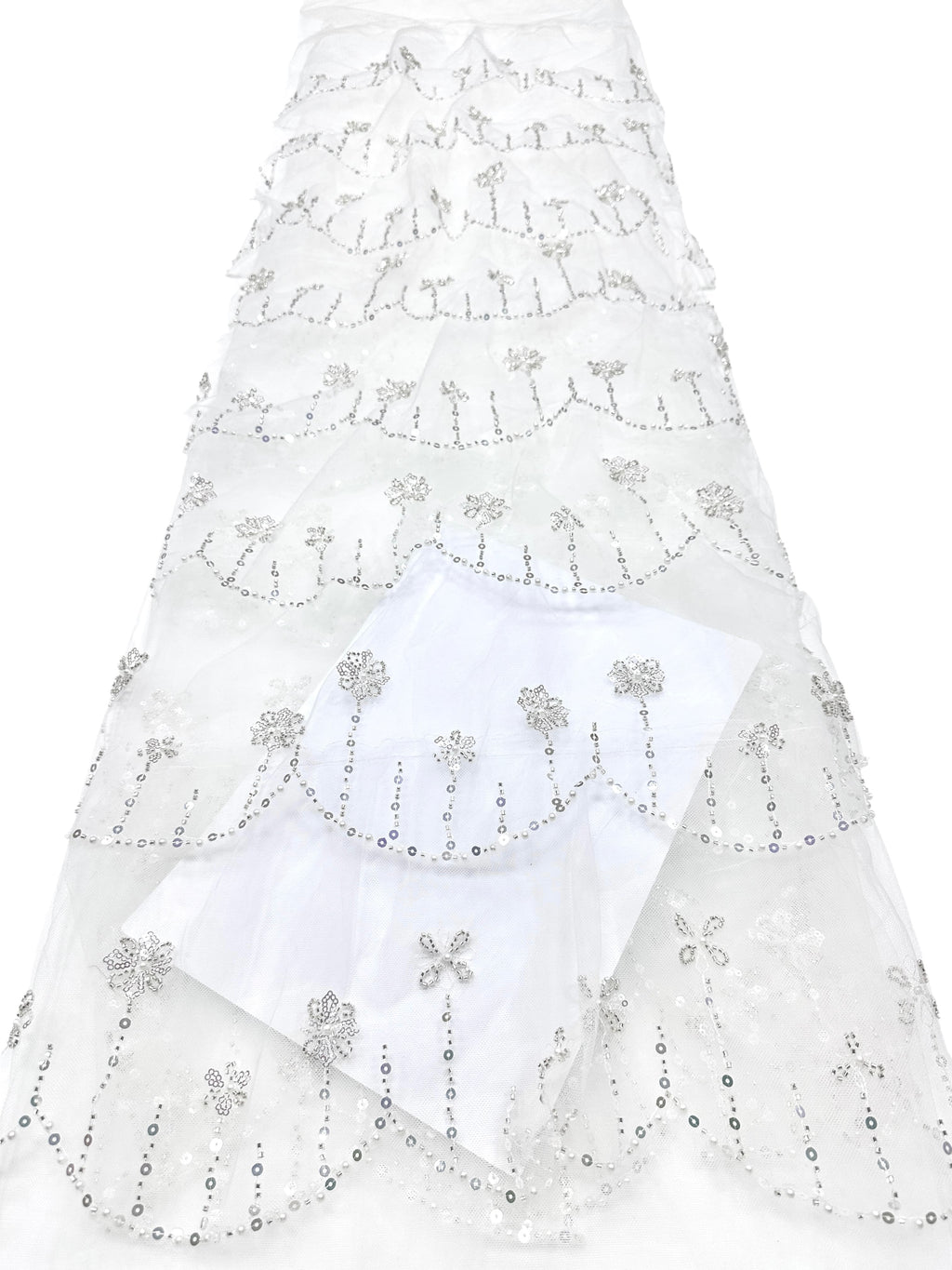 BLS6570#	Sequined Beaded Floral Tulle Lace Fabric with Scalloped Edge for Wedding Dresses Evening Gowns