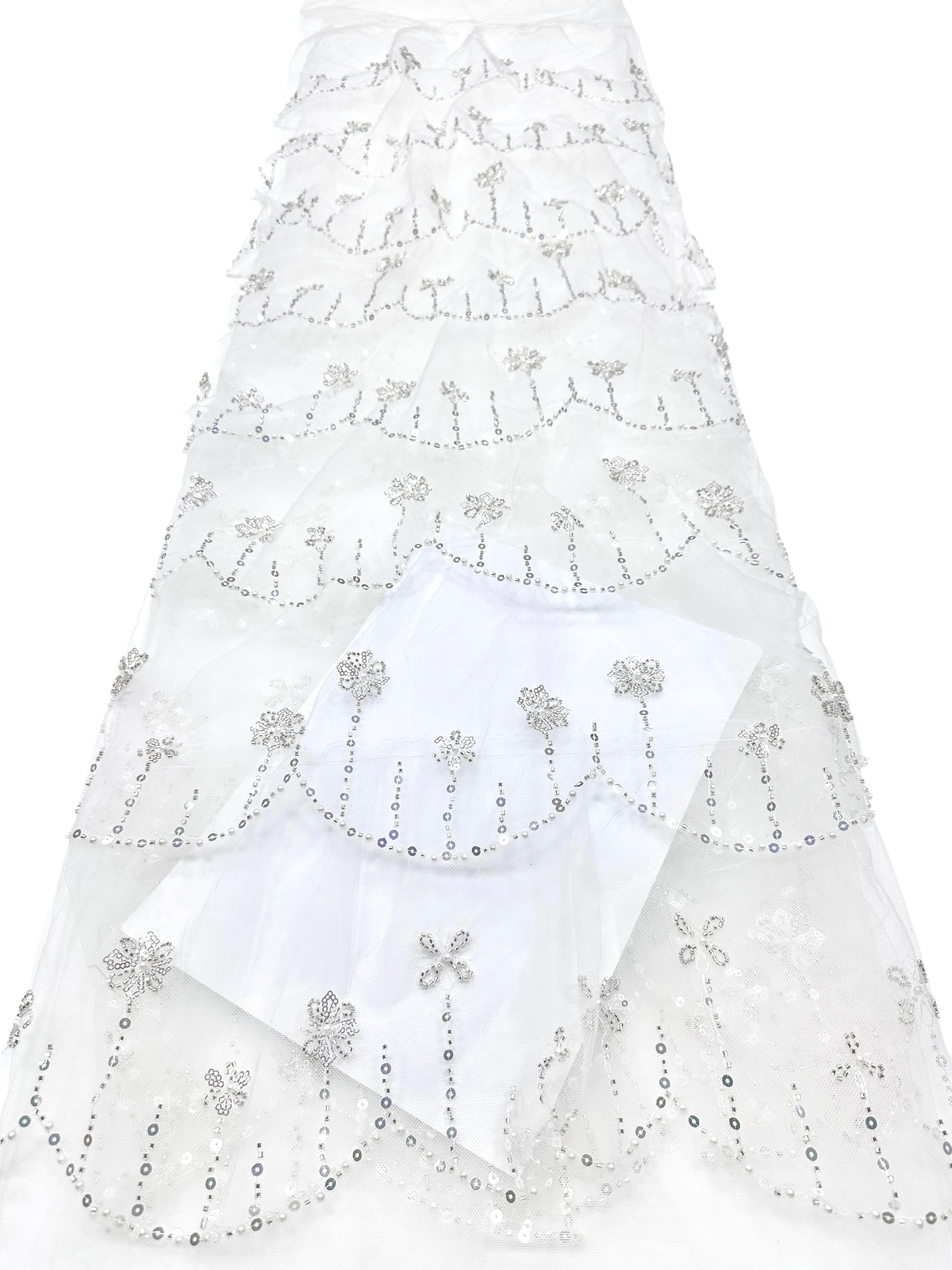 BLS6570#	Sequined Beaded Floral Tulle Lace Fabric with Scalloped Edge for Wedding Dresses Evening Gowns