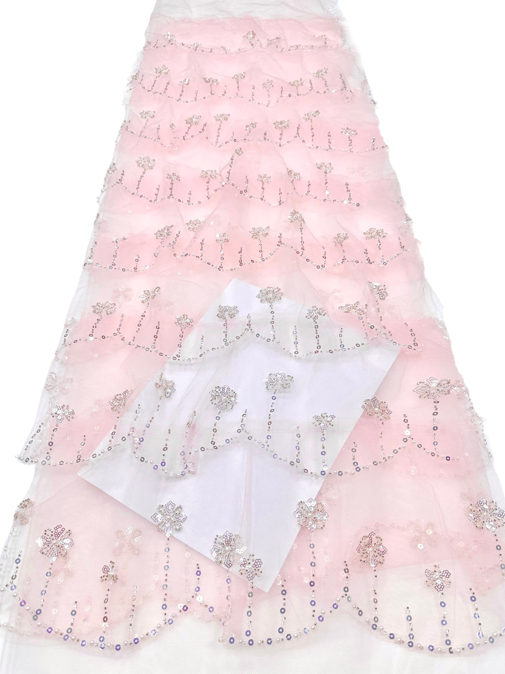 BLS6570#	Sequined Beaded Floral Tulle Lace Fabric with Scalloped Edge for Wedding Dresses Evening Gowns