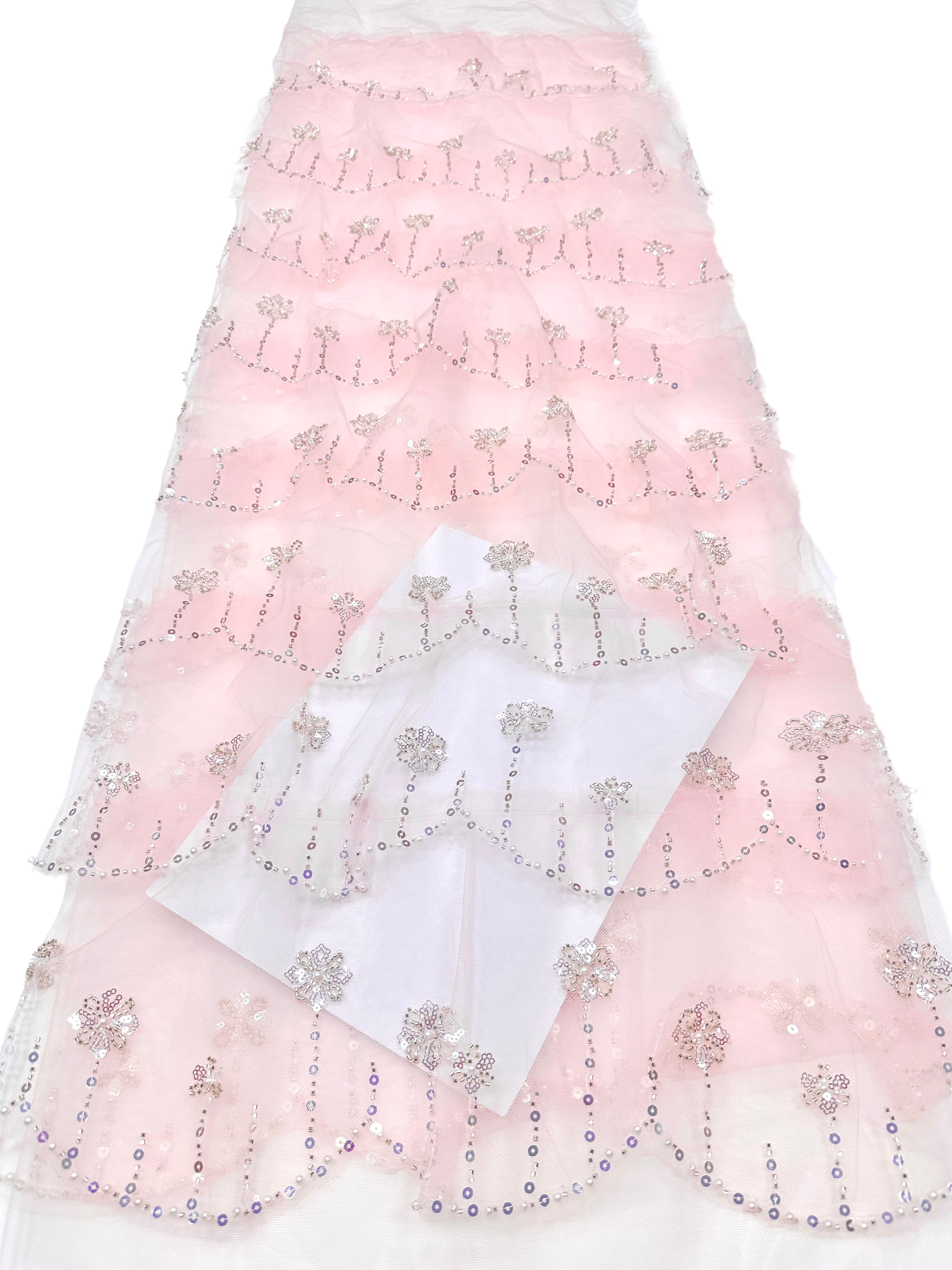 BLS6570#	Sequined Beaded Floral Tulle Lace Fabric with Scalloped Edge for Wedding Dresses Evening Gowns