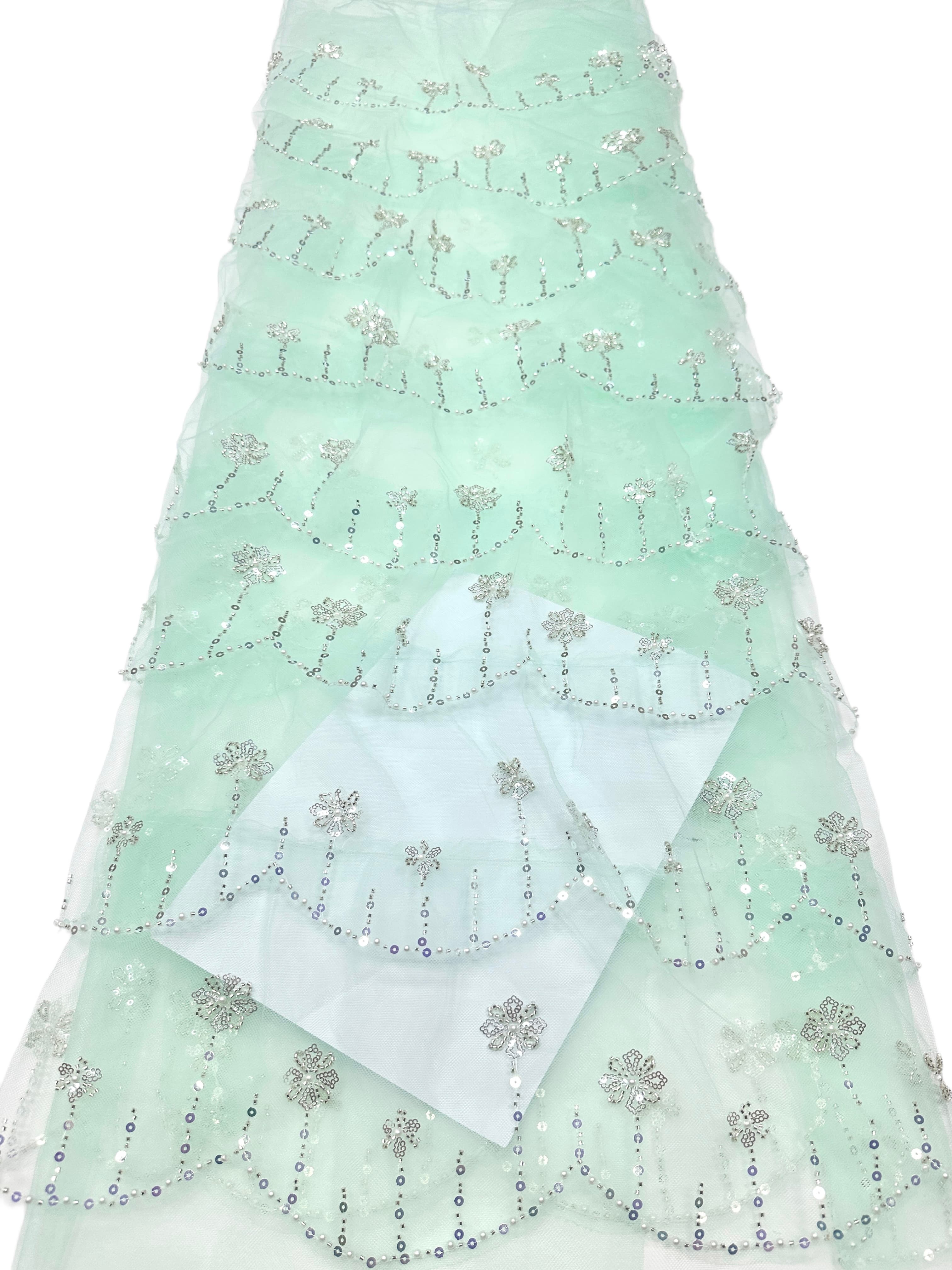 BLS6570#	Sequined Beaded Floral Tulle Lace Fabric with Scalloped Edge for Wedding Dresses Evening Gowns