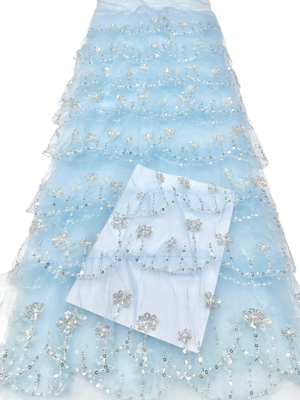 BLS6570#	Sequined Beaded Floral Tulle Lace Fabric with Scalloped Edge for Wedding Dresses Evening Gowns