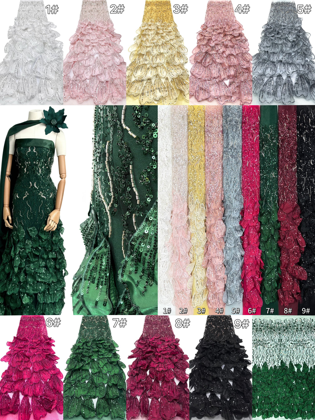 BLS6572#	3D Floral Heavy Beaded Lace Fabric with Sequined Border Scalloped Edge for Wedding Dresses Evening Gowns