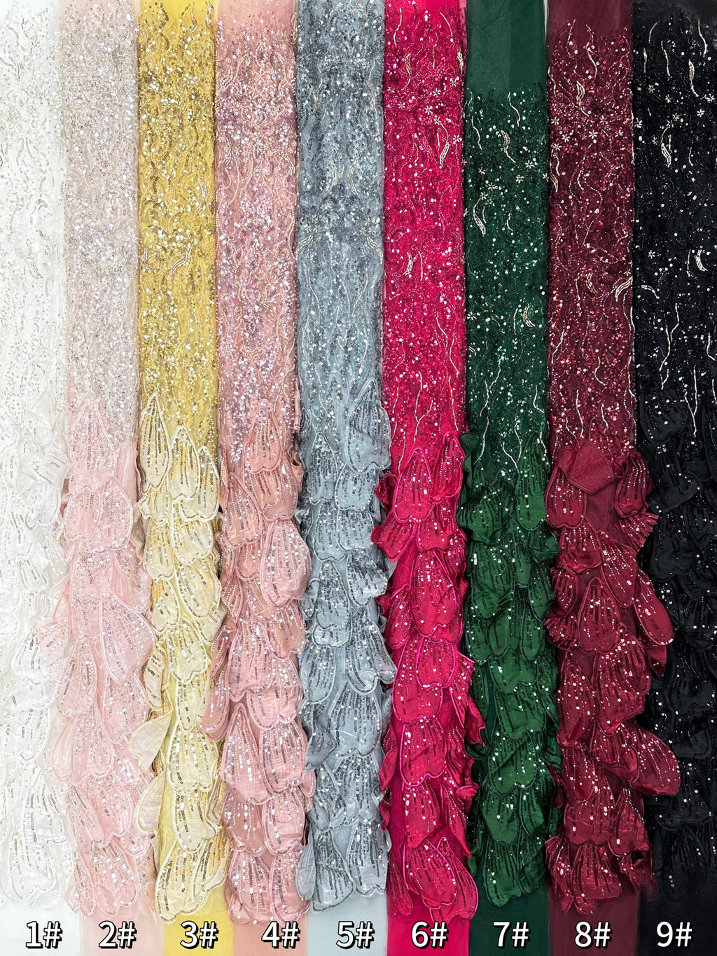 BLS6572#	3D Floral Heavy Beaded Lace Fabric with Sequined Border Scalloped Edge for Wedding Dresses Evening Gowns