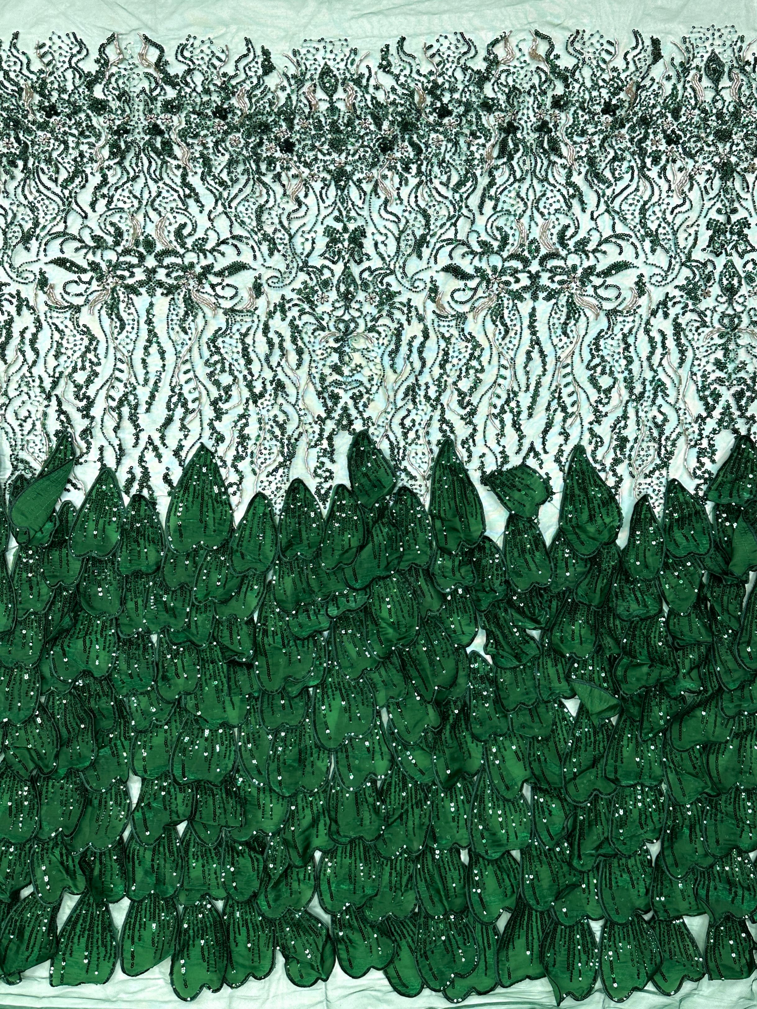 BLS6572#	3D Floral Heavy Beaded Lace Fabric with Sequined Border Scalloped Edge for Wedding Dresses Evening Gowns