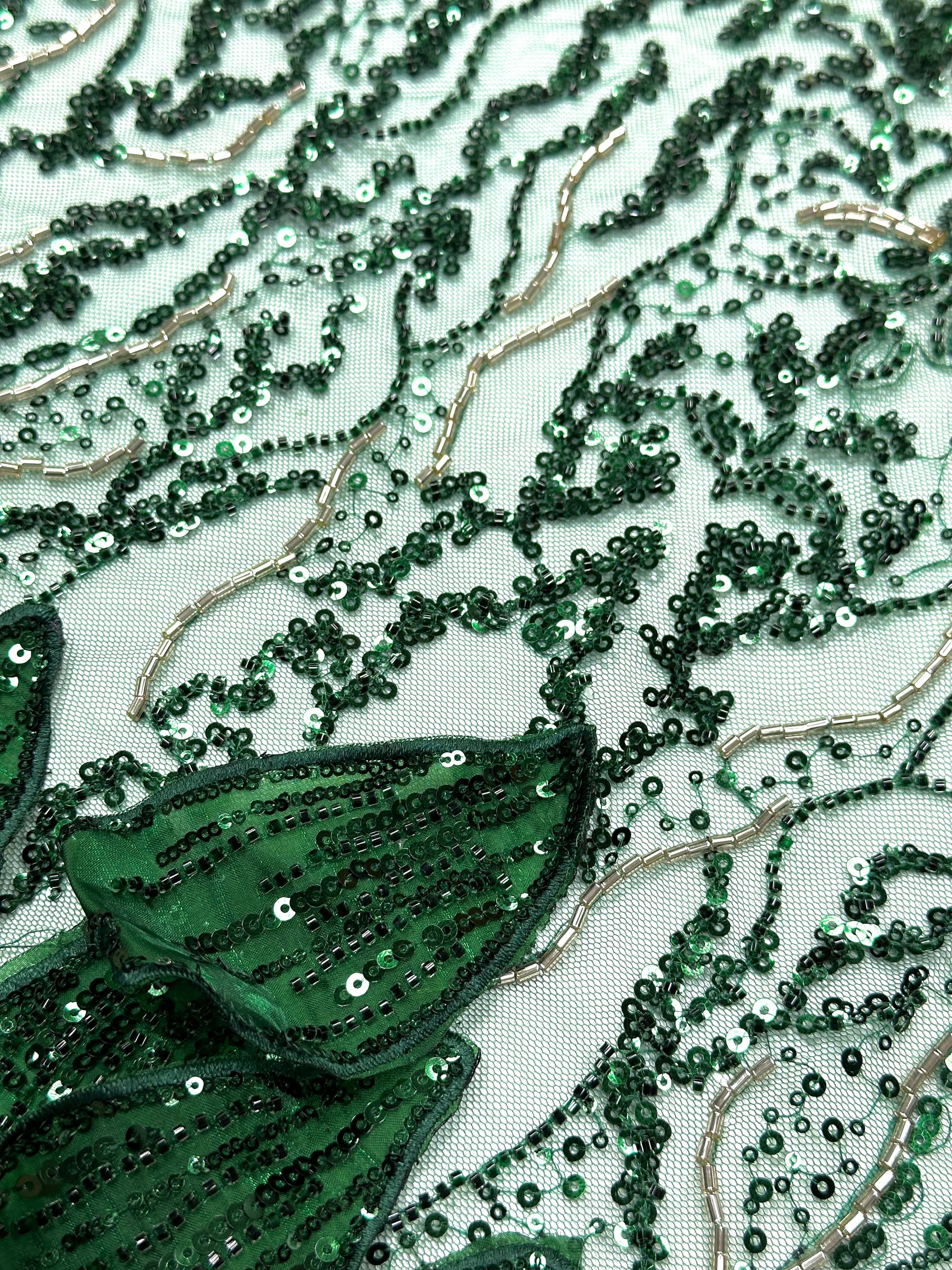 BLS6572#	3D Floral Heavy Beaded Lace Fabric with Sequined Border Scalloped Edge for Wedding Dresses Evening Gowns